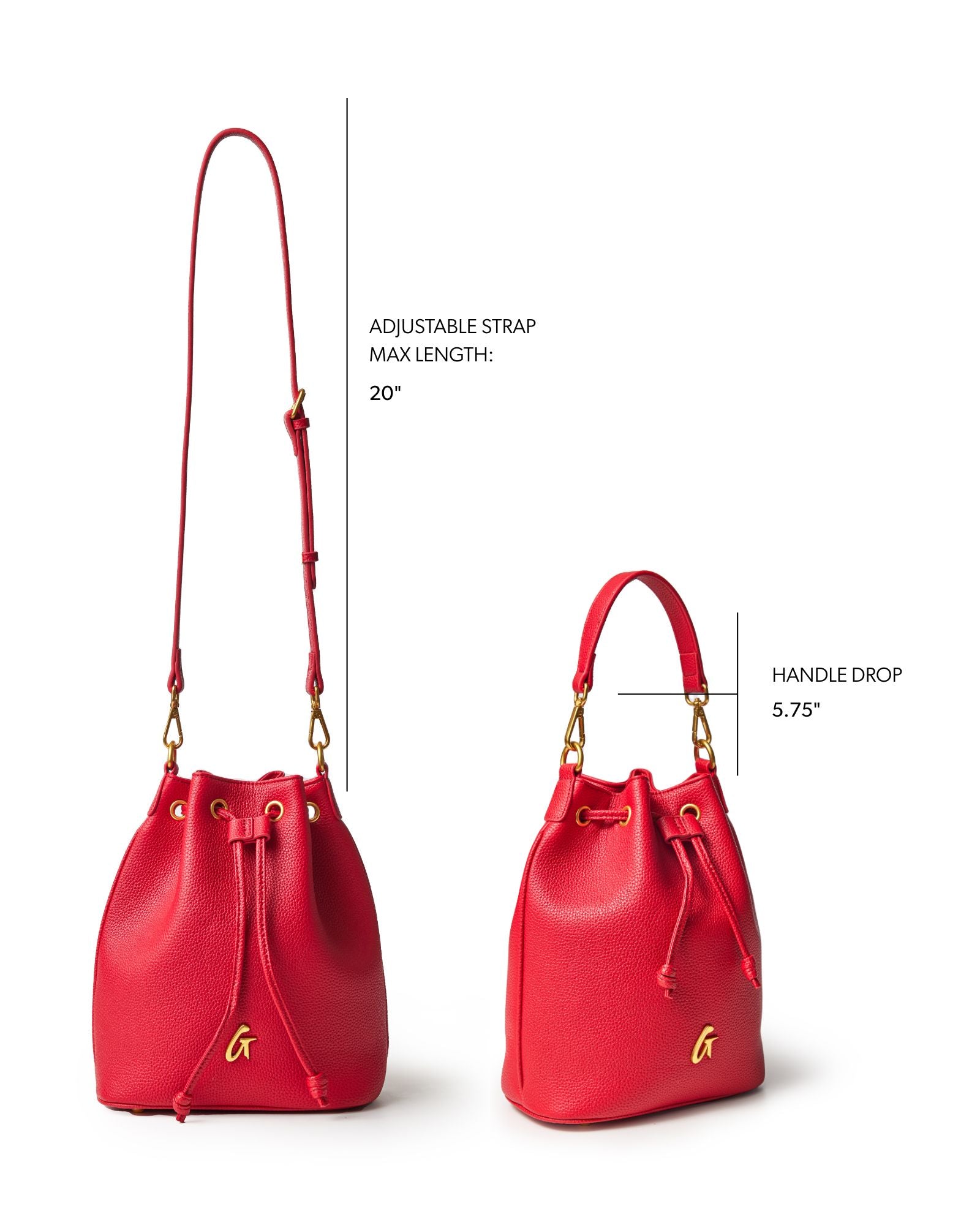 Medium red pebble bucket bag with adjustable strap and gold hardware, perfect for stylish everyday use.