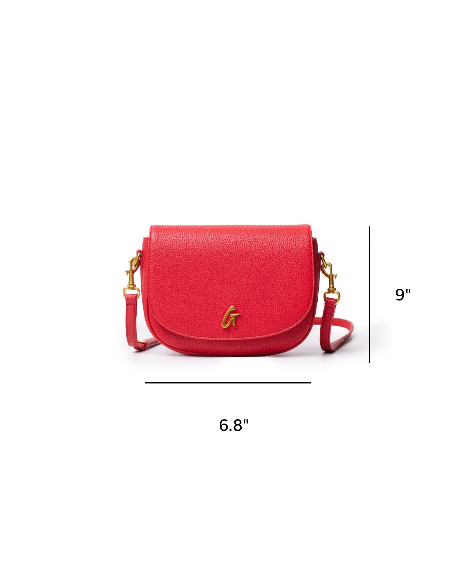 Medium red pebble shoulder bag with a gold logo, featuring a stylish flap and adjustable strap. Ideal for chic outings.