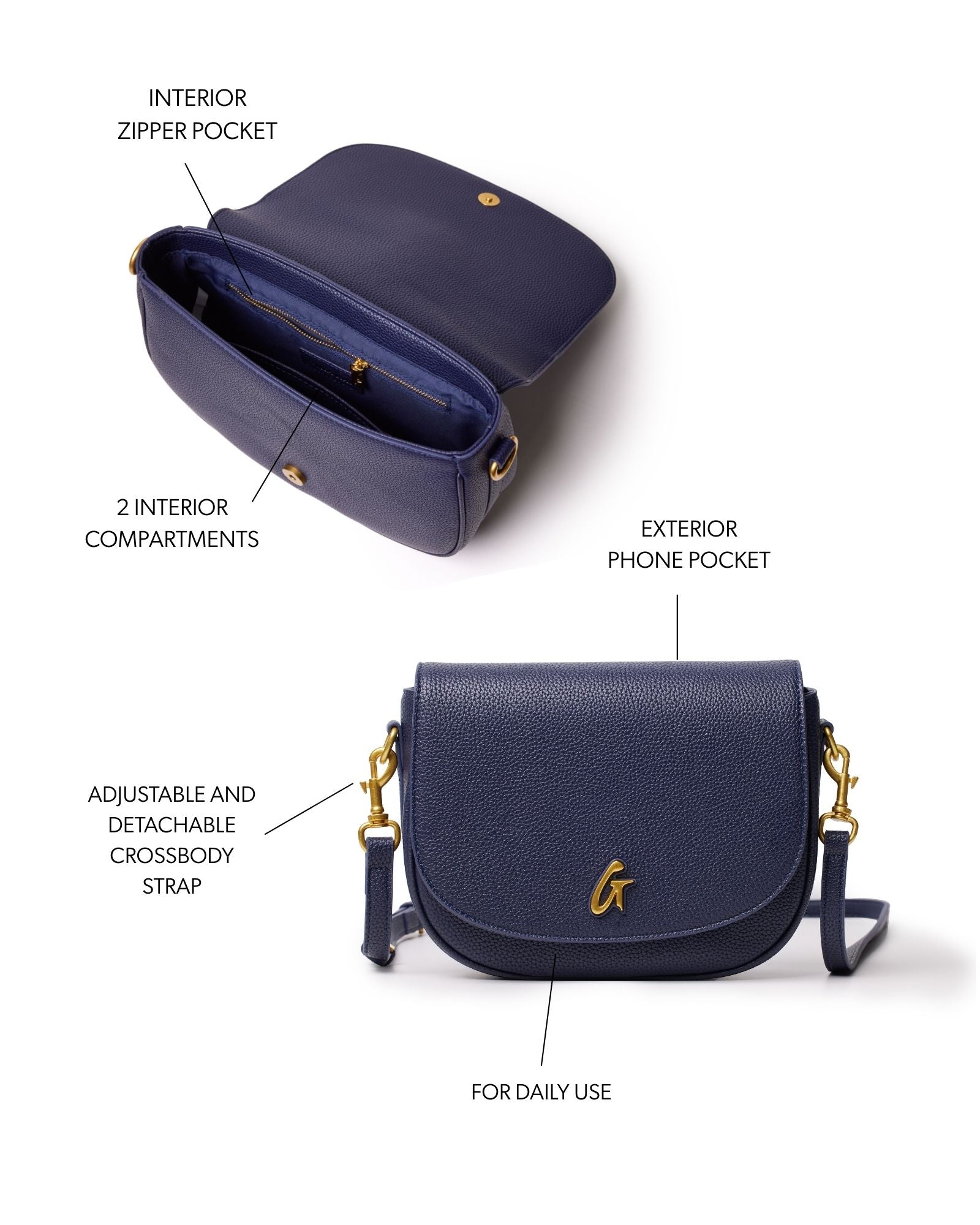Pebble Shoulder Bag Navy Medium - Vegan Leather with Gold Hardware