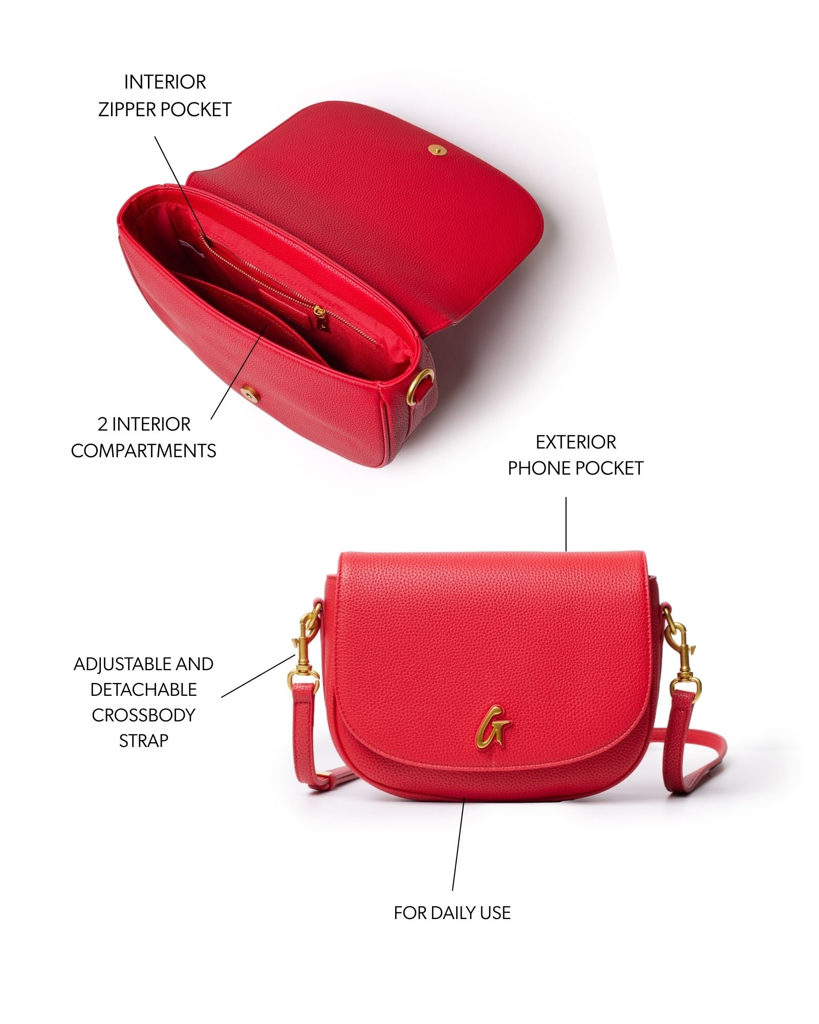 Medium red pebble shoulder bag featuring an adjustable crossbody strap, interior zipper pocket, and exterior phone pocket.