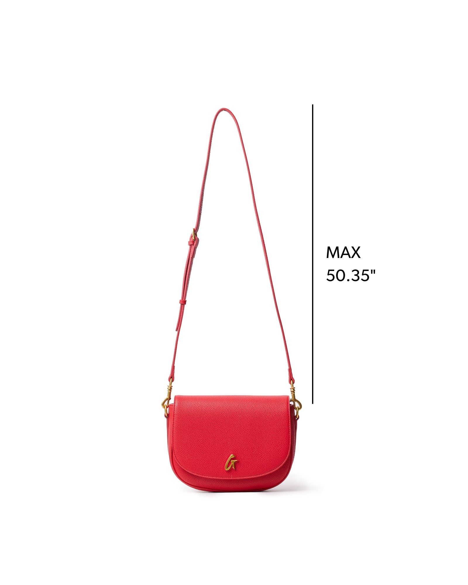 Medium red pebble shoulder bag with a gold logo, featuring an adjustable strap for versatile styling.