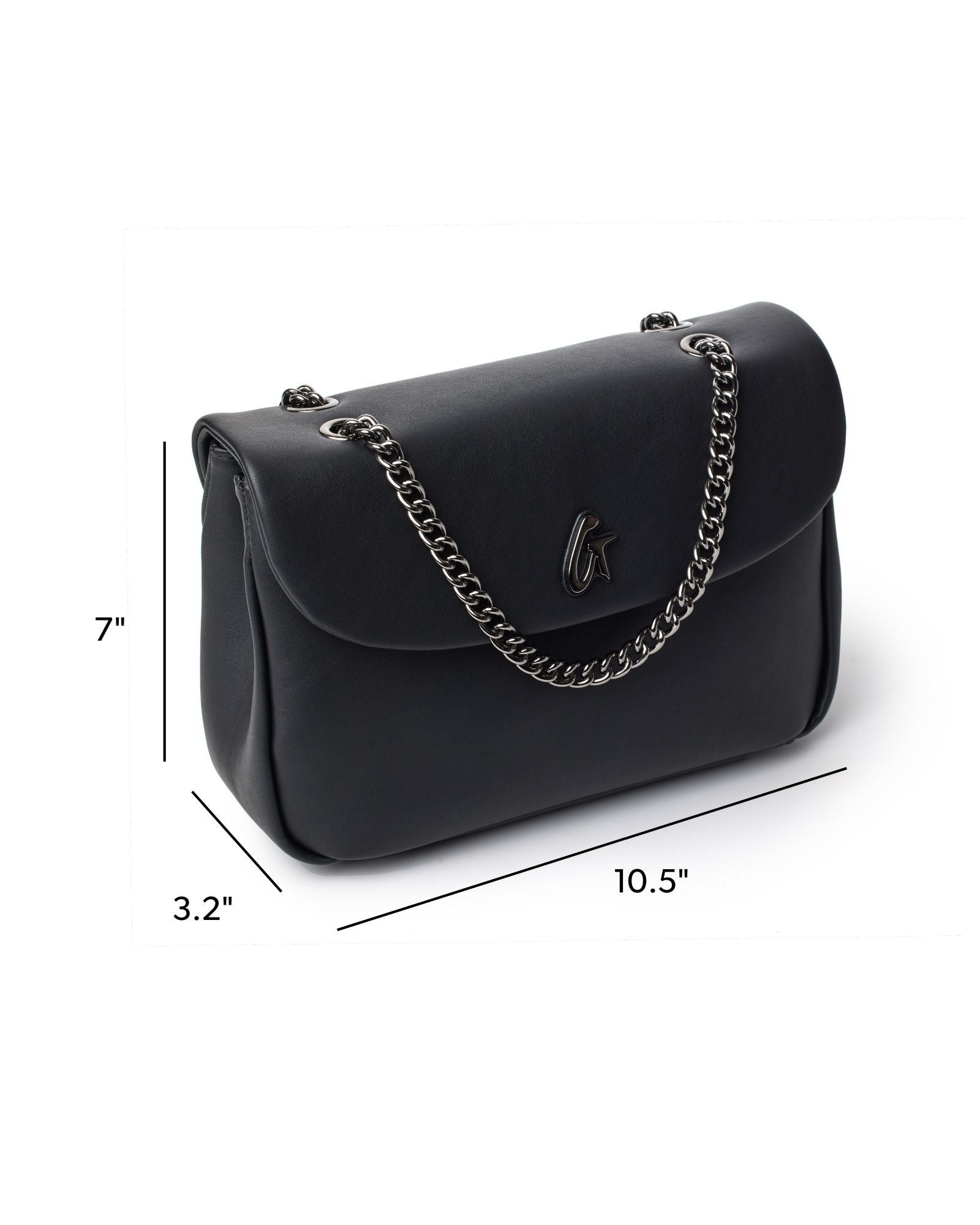 Medium black flap bag with a chain strap, featuring a sleek design and logo detail, ideal for stylish everyday use.