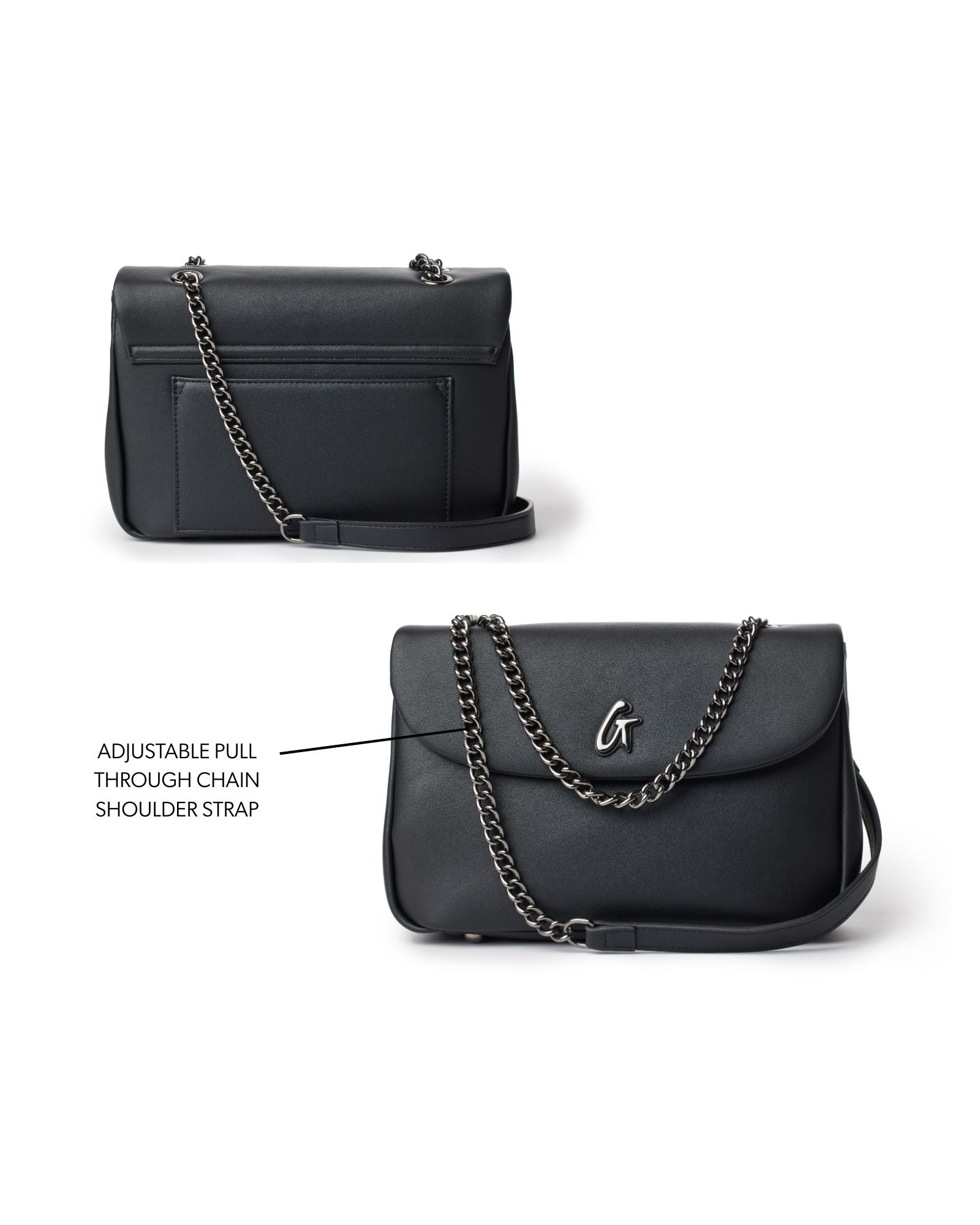 Medium black flap bag featuring an adjustable pull-through chain shoulder strap and a sleek design.
