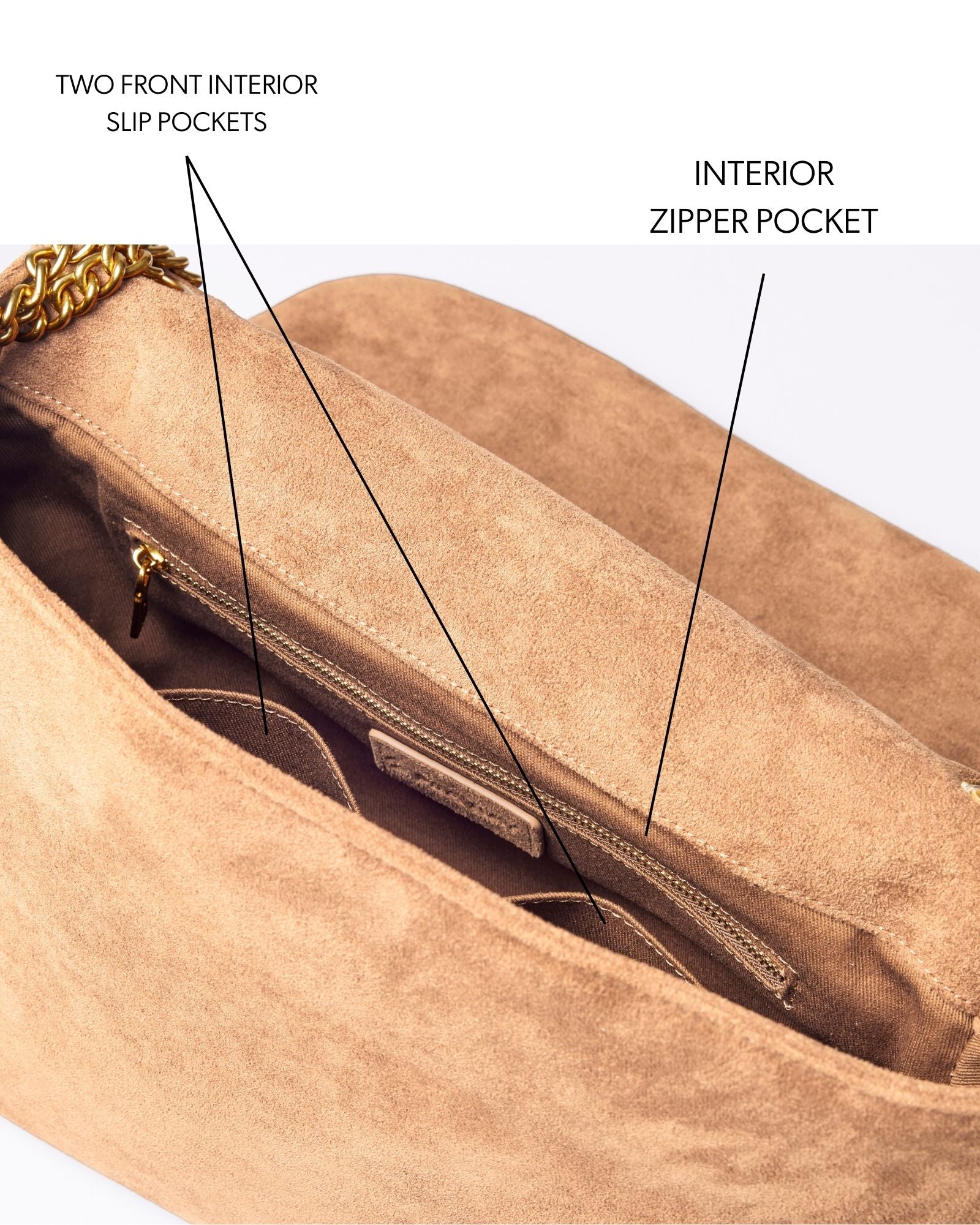Medium Suede Flap Bag | Tan | Vegan Suede | 3 Compartments | Glam