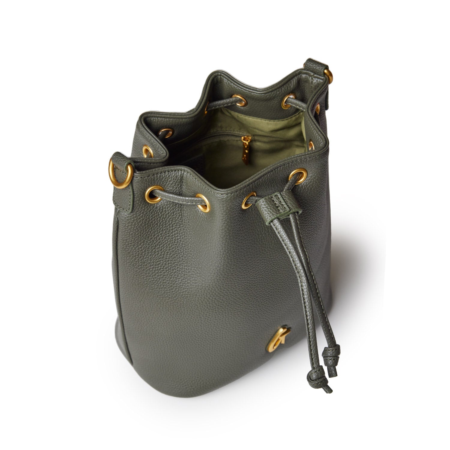 Medium olive green pebble bucket bag with gold-tone eyelets, drawstring closure, and interior zip pocket.