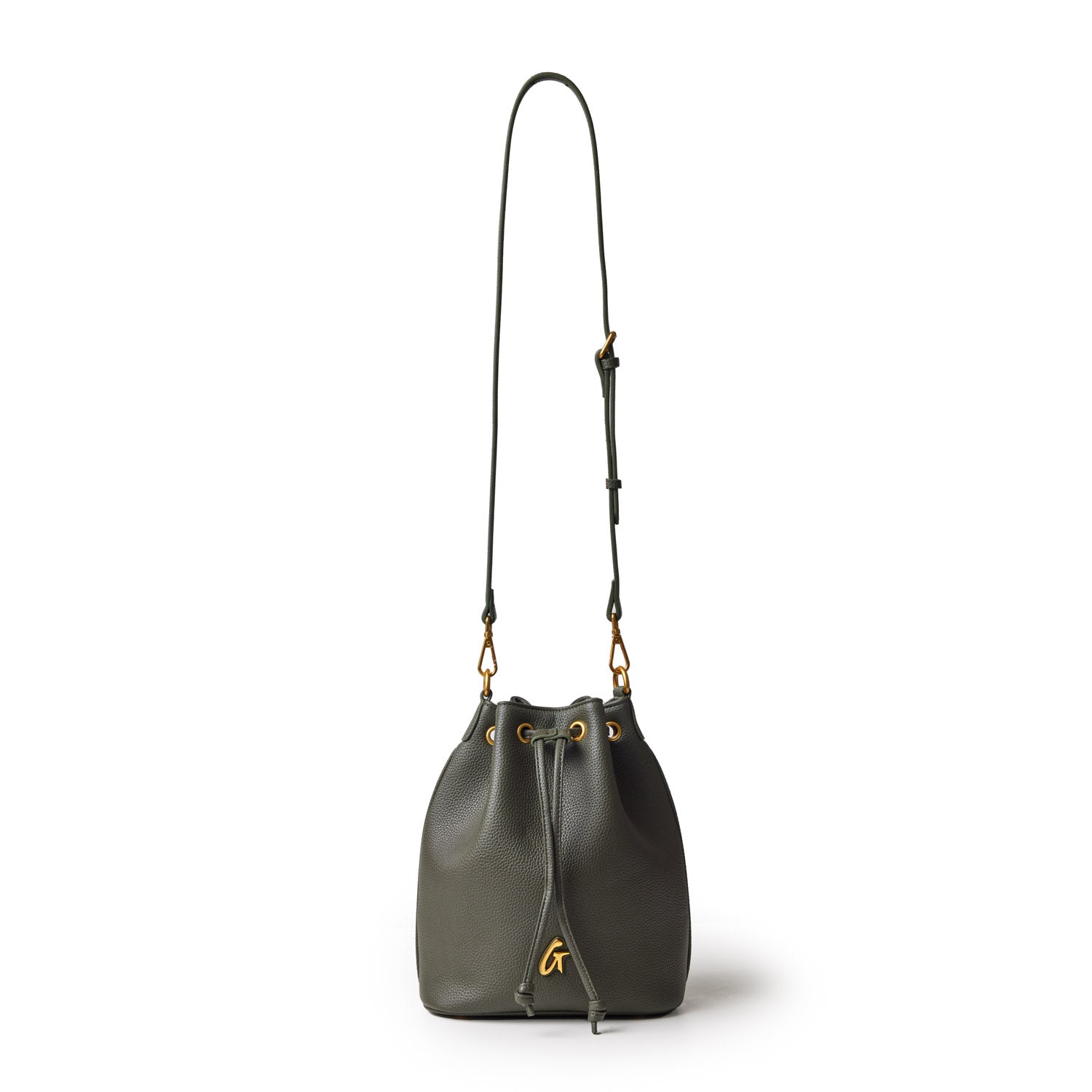 Medium olive green pebble bucket bag with a drawstring closure, gold accents, and a long adjustable strap.