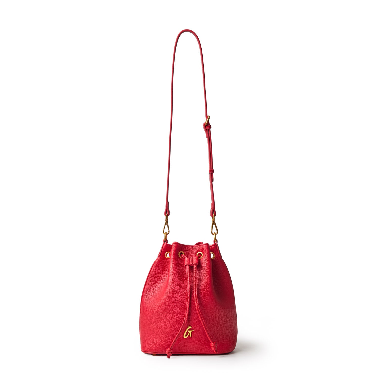Red medium pebble bucket bag with a drawstring closure and adjustable strap, featuring gold hardware and a small gold logo.