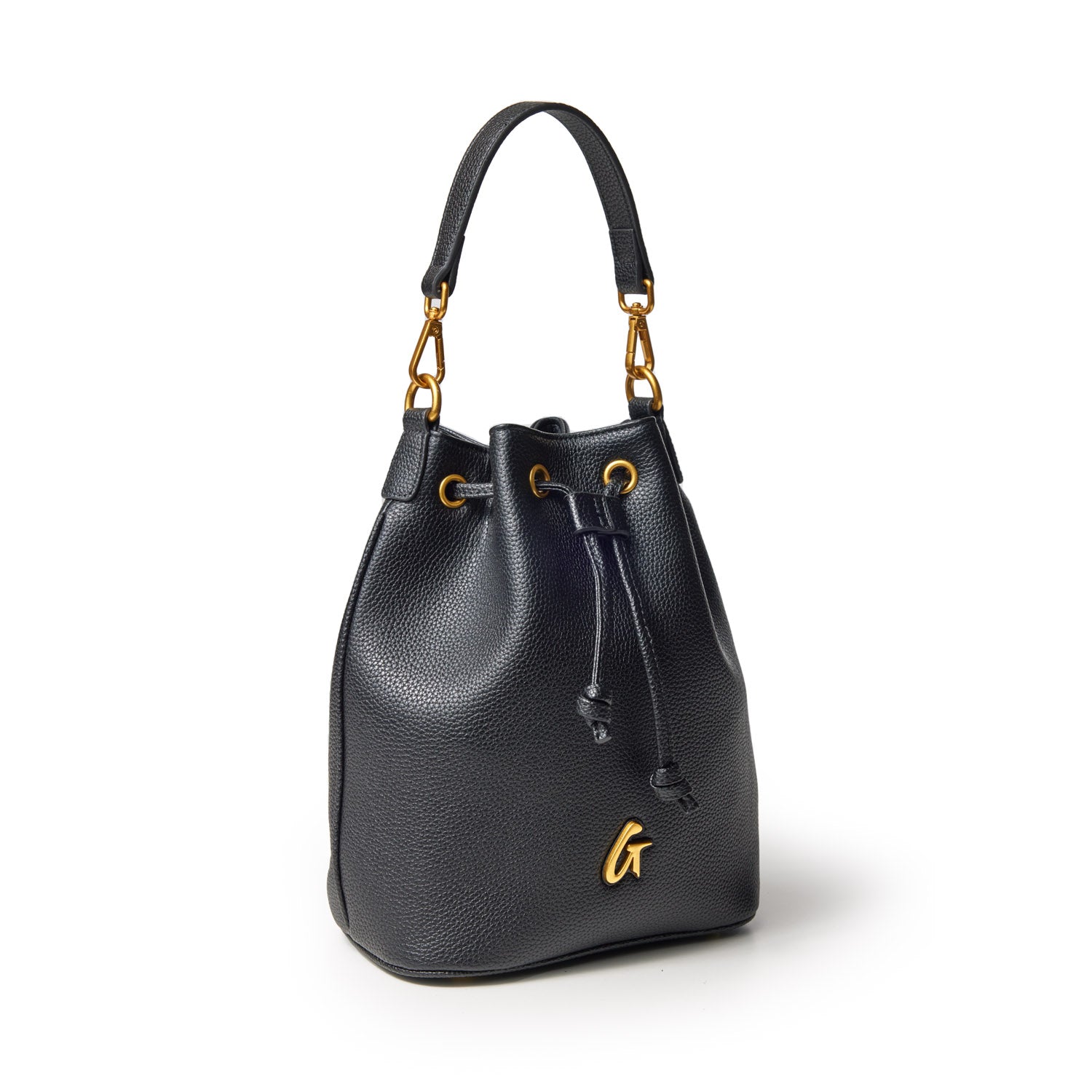 Black medium pebble bucket bag with gold hardware, adjustable drawstring closure, and a top handle for versatile carrying.