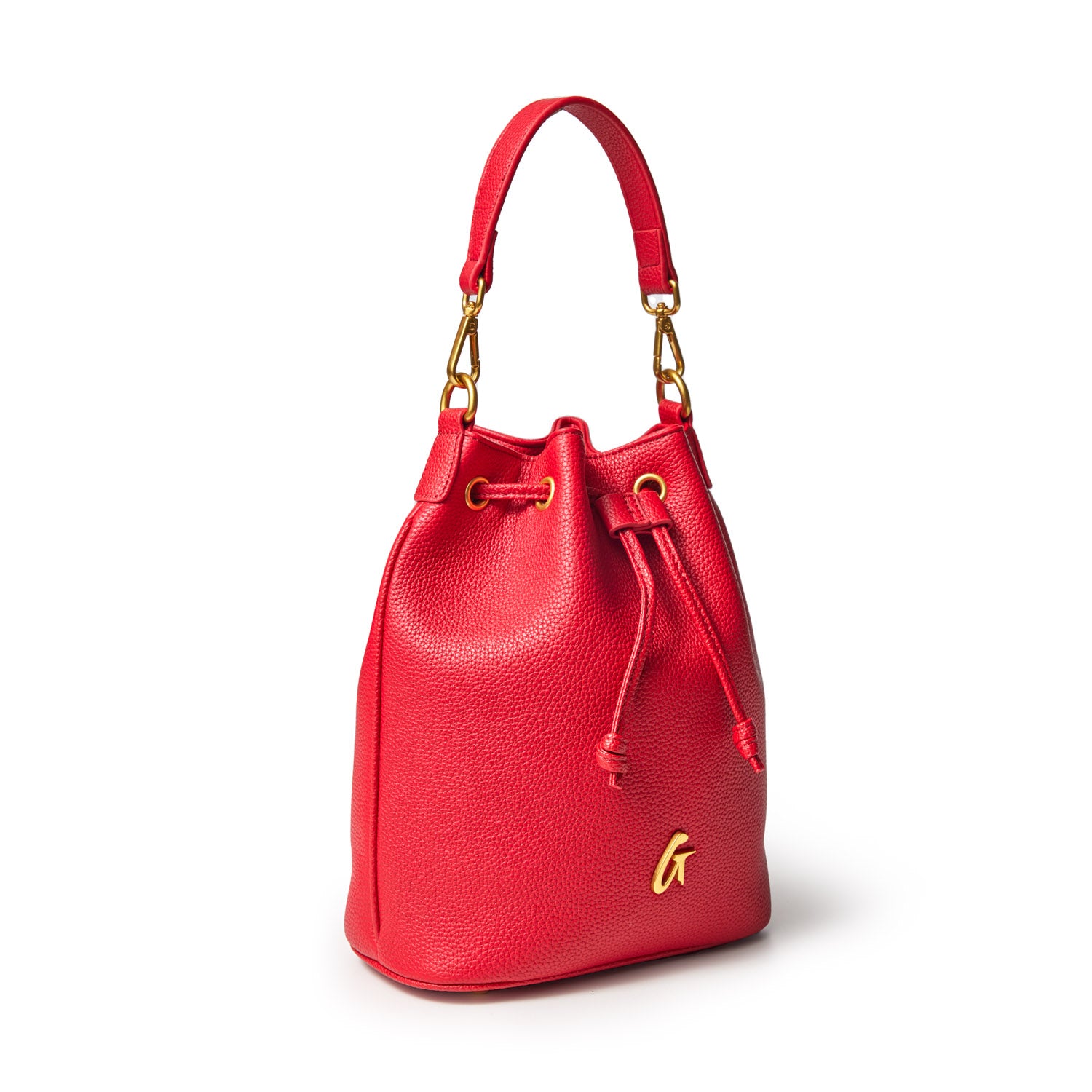 Red medium pebble bucket bag with gold hardware, adjustable drawstring closure, and a top handle.