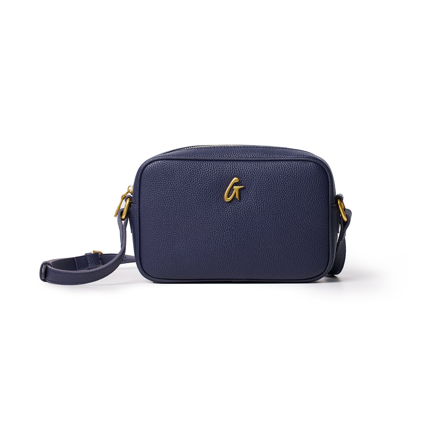 Navy blue pebble camera bag with gold hardware and adjustable strap, designed for stylish camera storage.