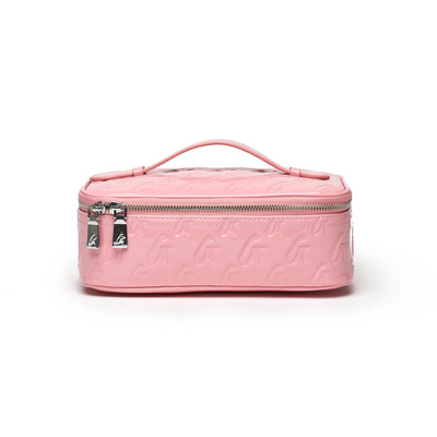 Medium monogram toiletry bag in mirror pink with a zip closure and top handle for easy carrying. Ideal for travel.
