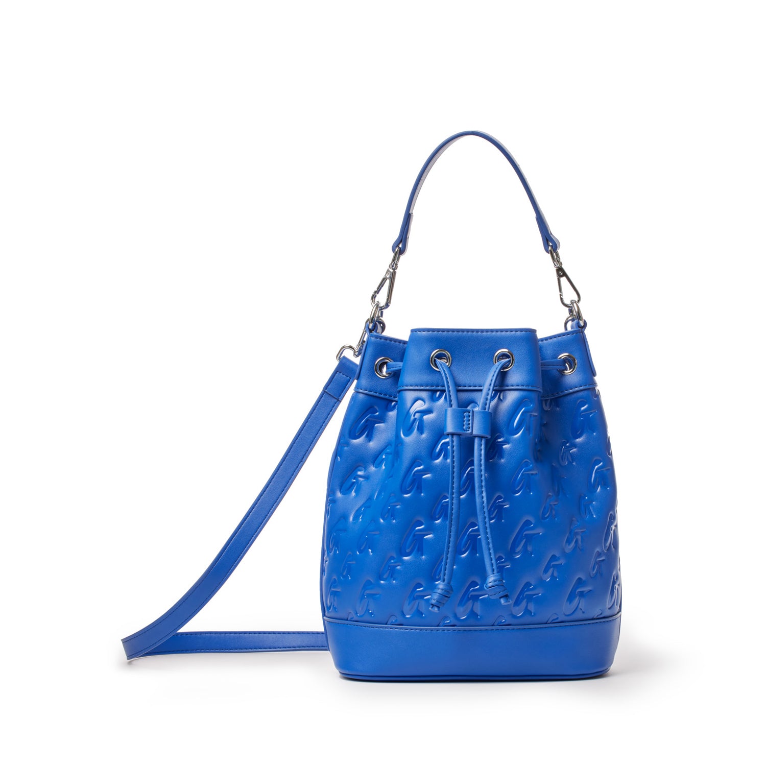 Medium blue monogram bucket bag featuring a drawstring closure and adjustable shoulder strap for stylish versatility.
