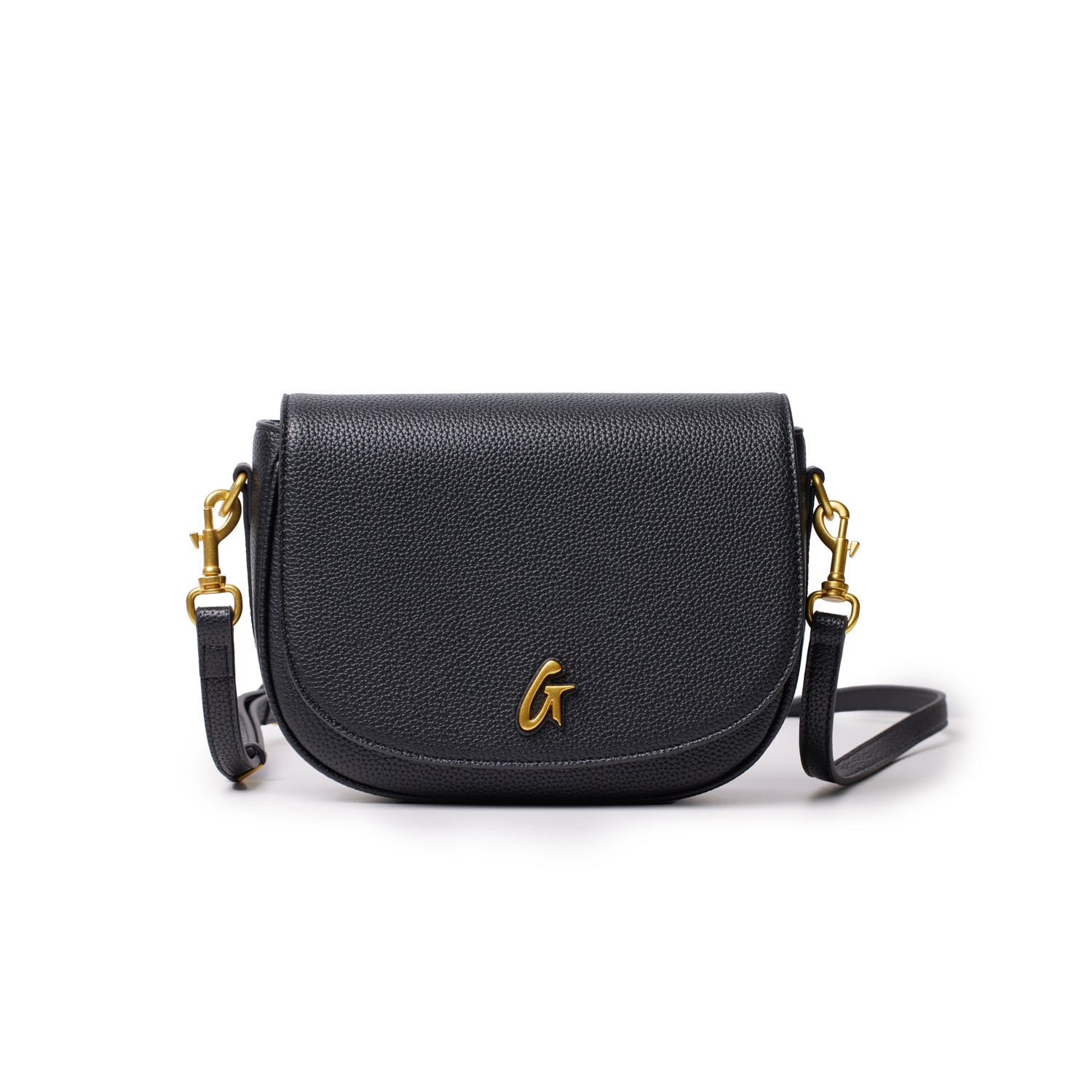 Medium black pebble shoulder bag with gold hardware and a logo detail on the front, featuring a detachable strap.