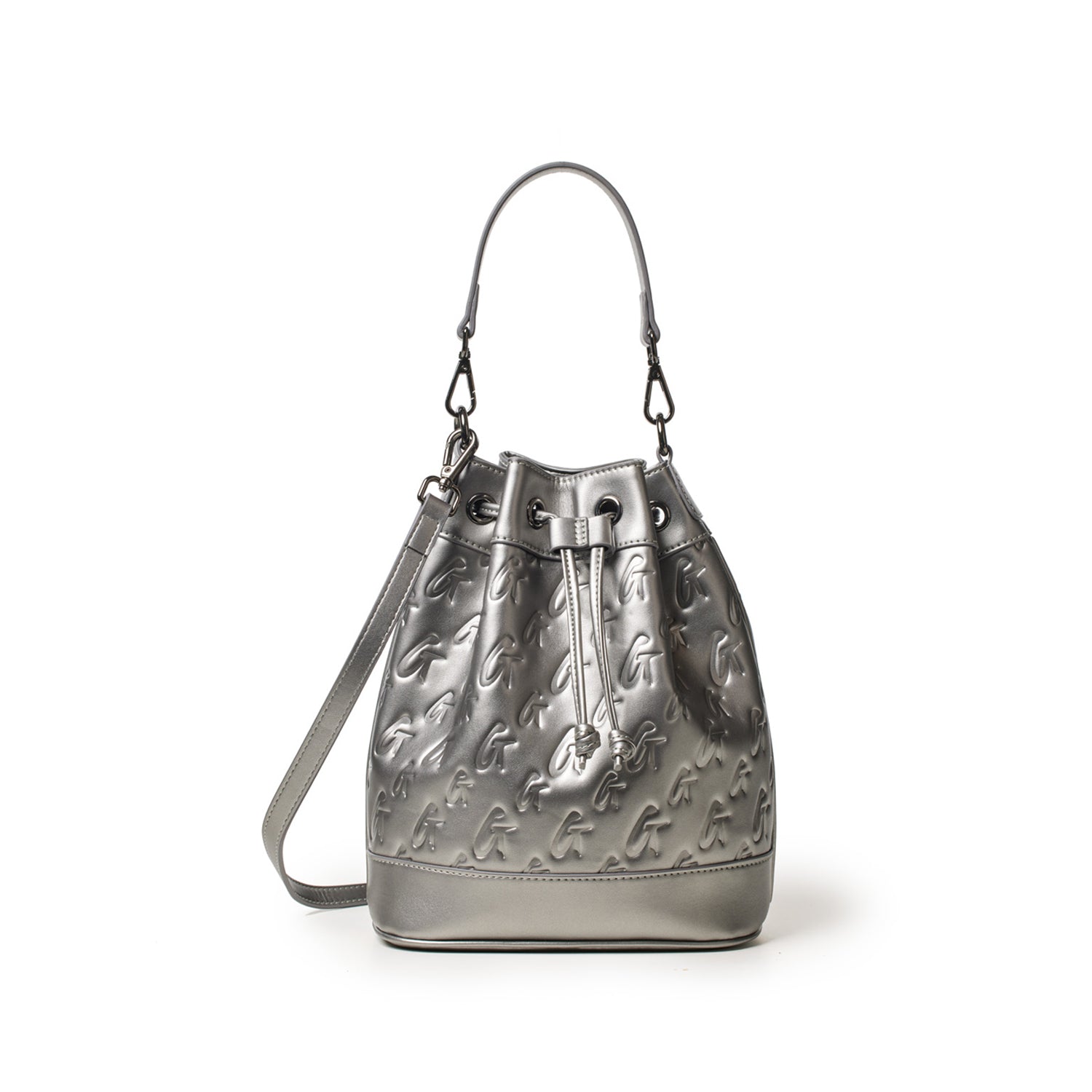 Medium platinum monogram bucket bag with embossed logo pattern, drawstring closure, and adjustable shoulder strap.