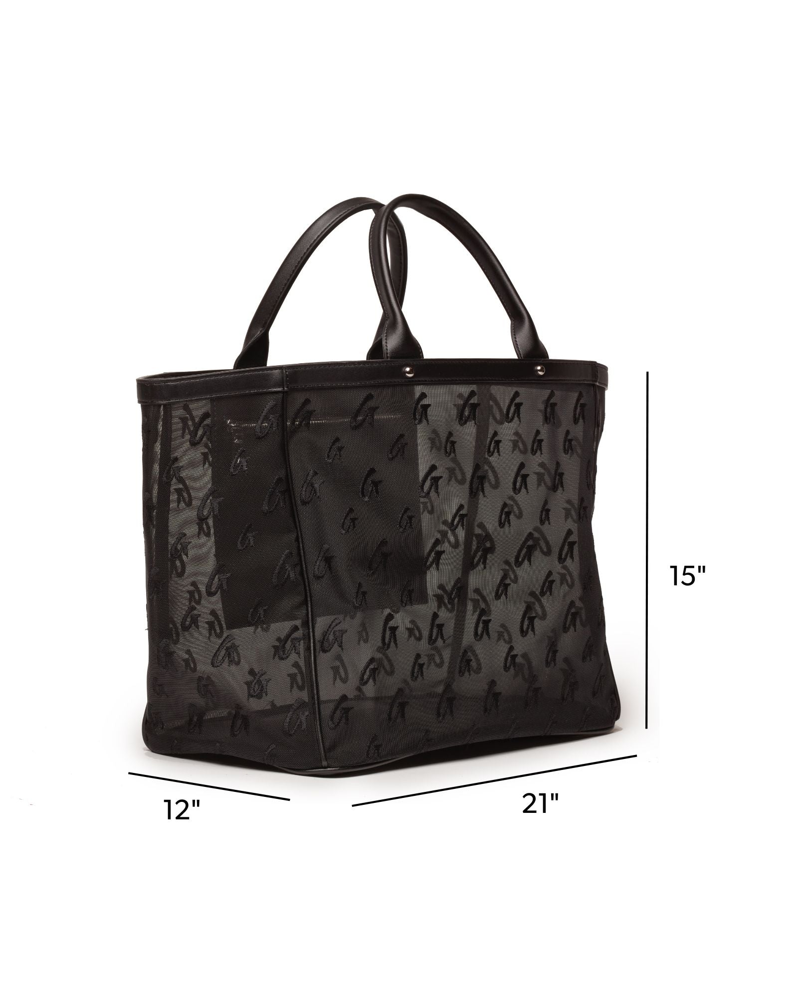 Black mesh monogram tote bag featuring dual handles, spacious interior, and stylish design for everyday use.