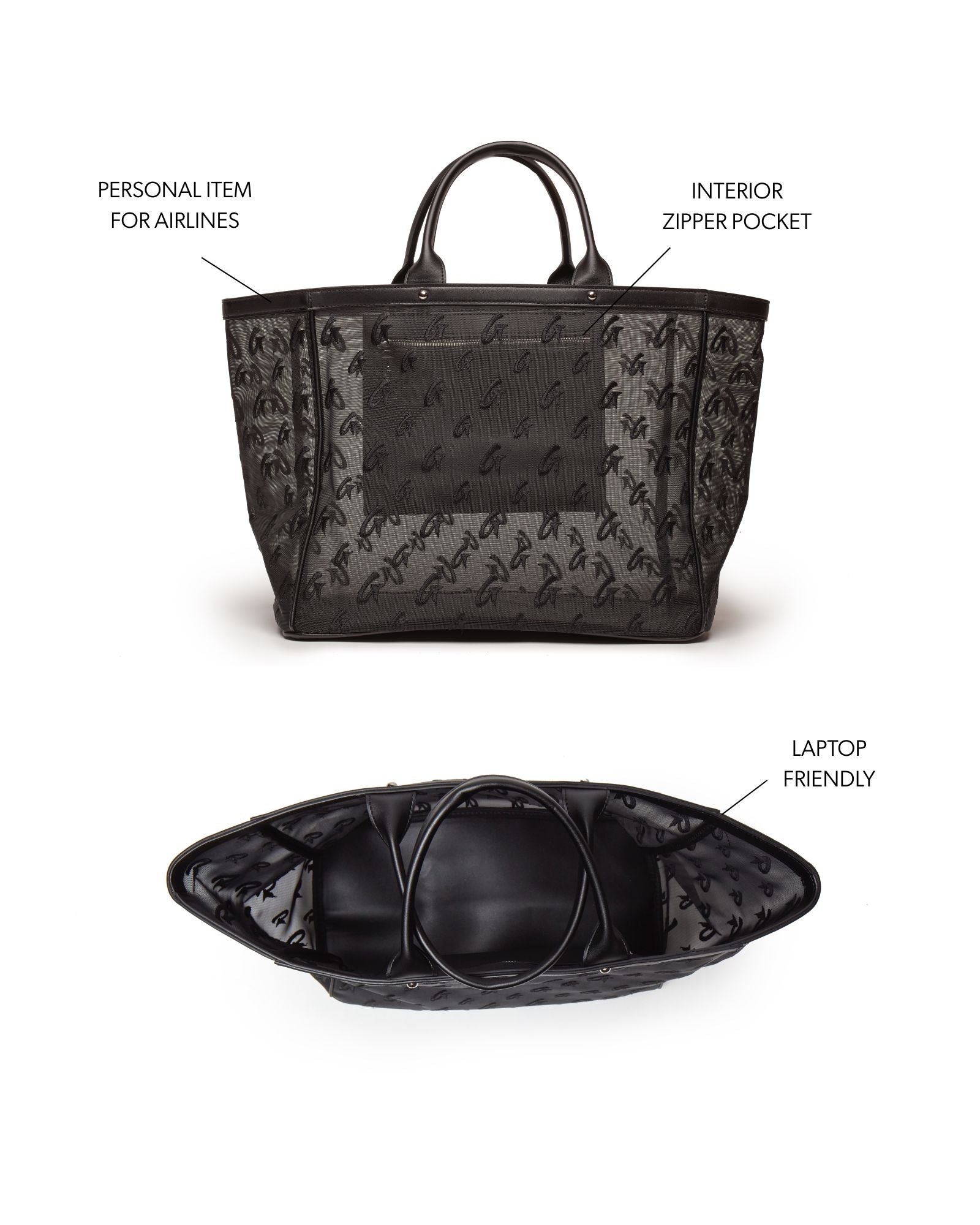 Black mesh monogram tote featuring a spacious interior, zipper pocket, and airline-friendly design. Ideal for everyday use.