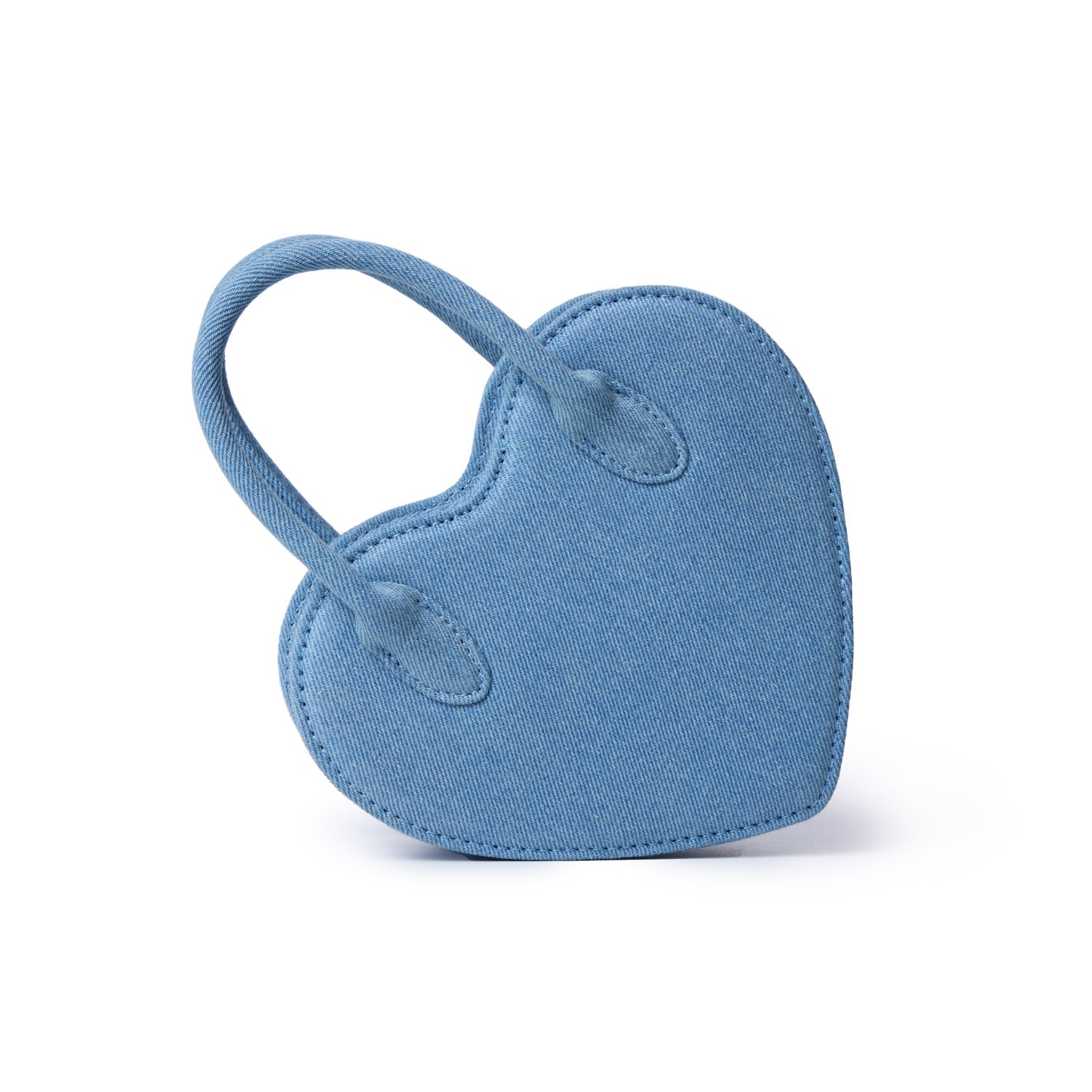 Mini denim heart-shaped bag with a strap, crafted from light blue denim fabric, featuring stitched edges and a small handle.