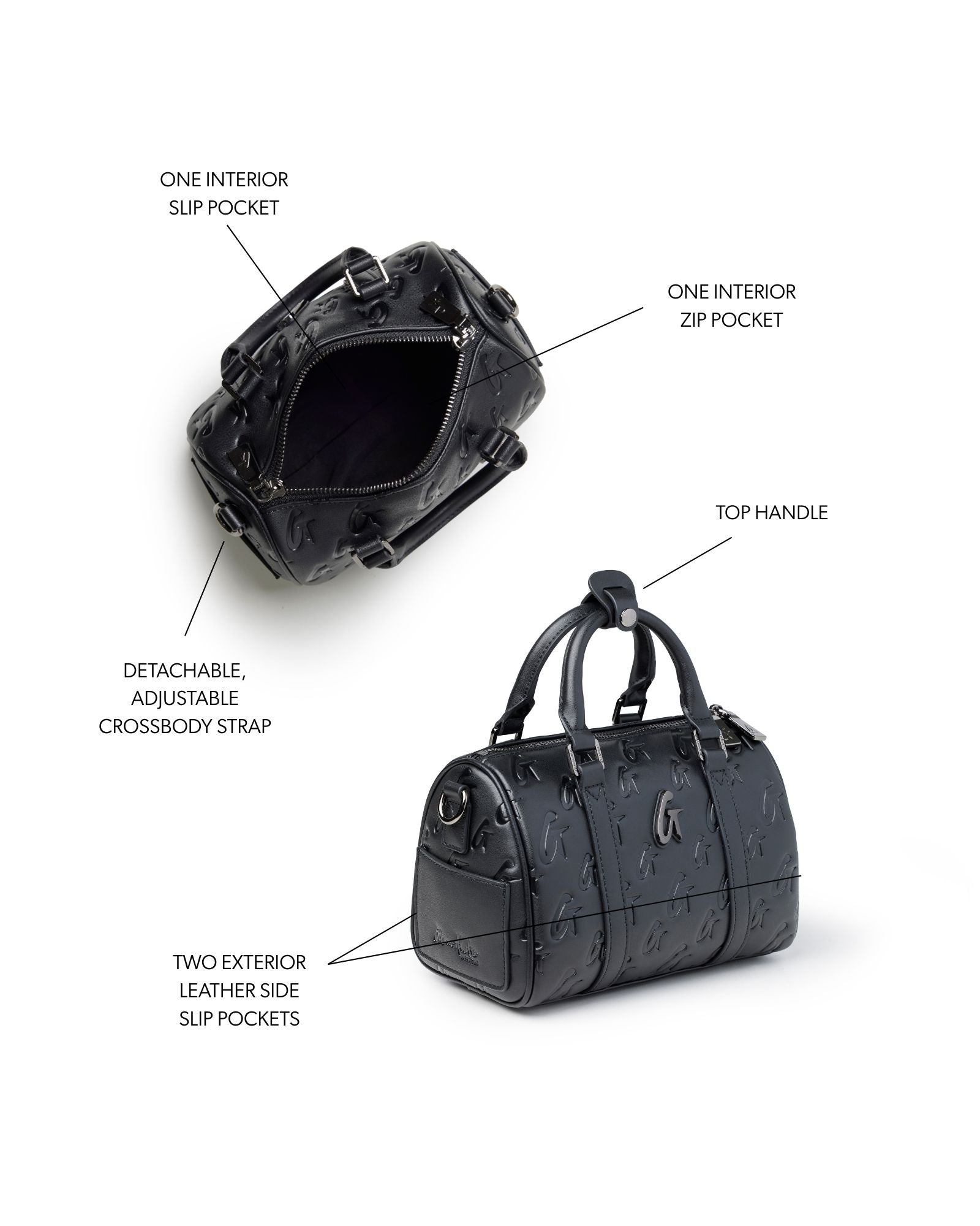 Mini Monogram Gal Boston Bag in black featuring a top handle, adjustable crossbody strap, and multiple interior and exterior pockets.