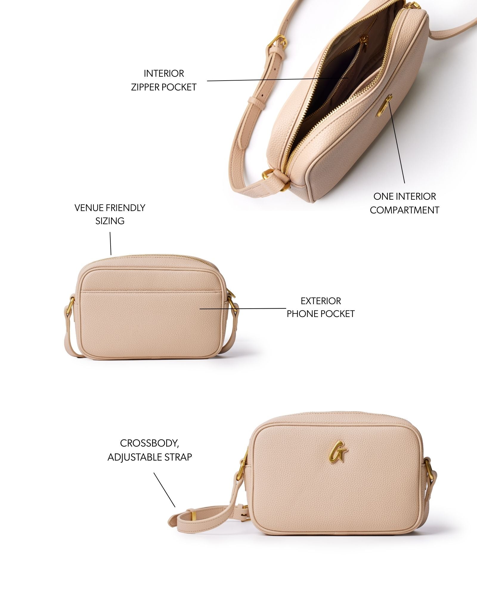 PEBBLE MINI CAMERA BAG NUDE | Vegan Pebble Leather, Gold Hardware