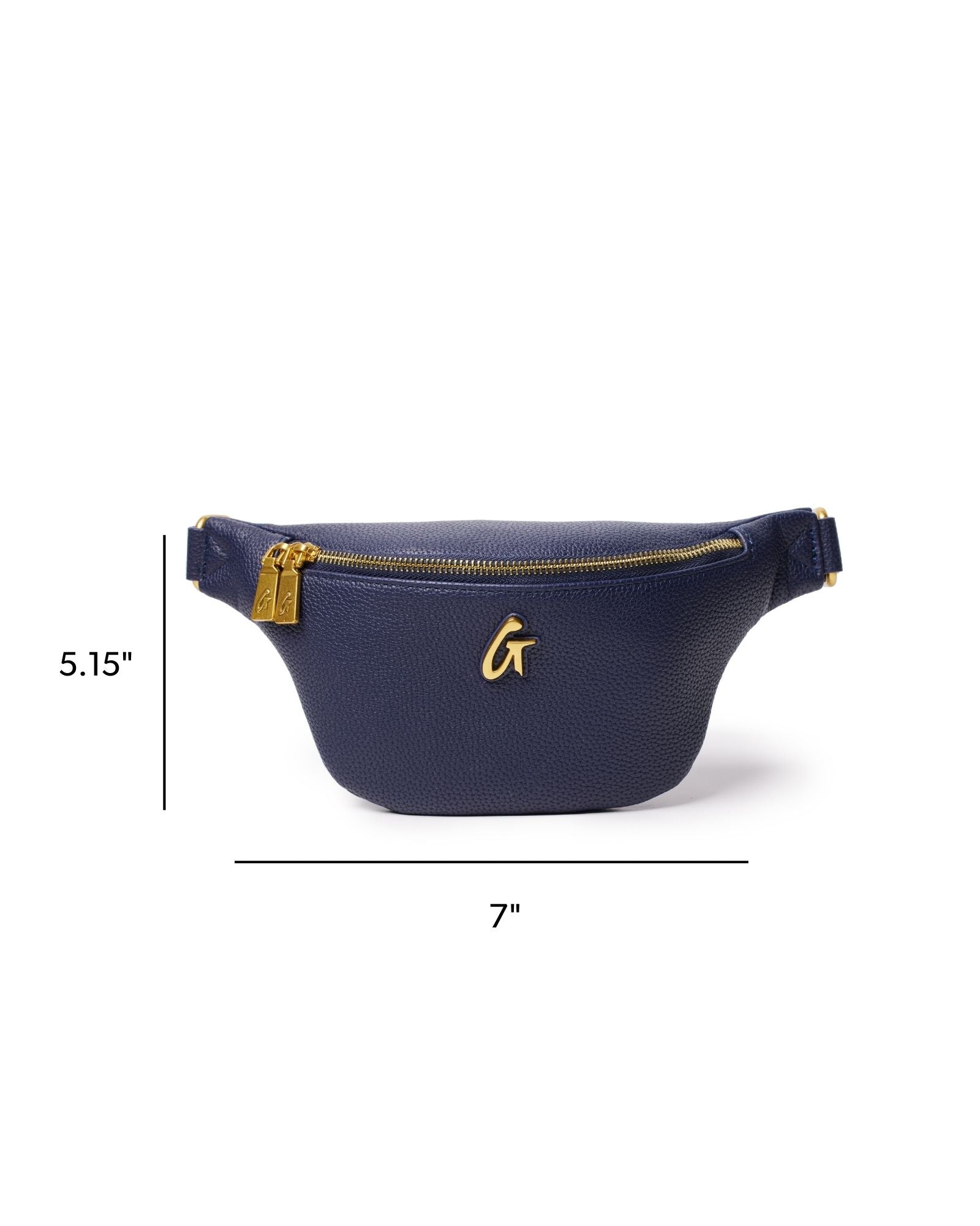 Navy mini pebble fanny pack with gold zipper and logo, measuring 5.15 inches high and 7 inches wide.