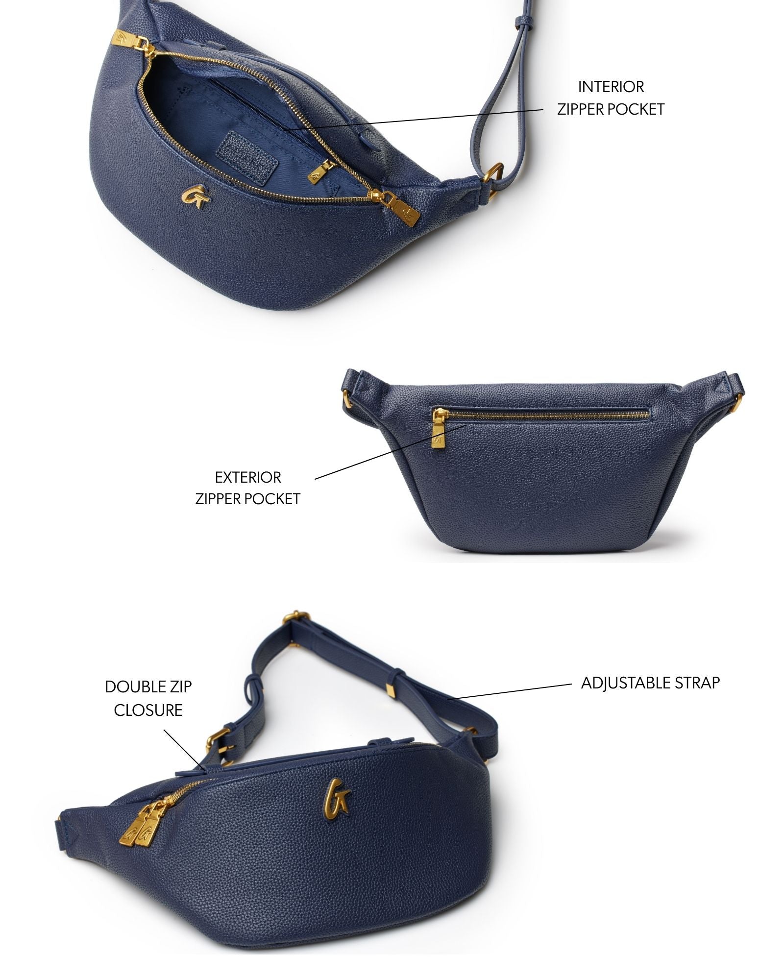 Navy mini pebble fanny pack featuring an adjustable strap, double zip closure, and interior and exterior zipper pockets.