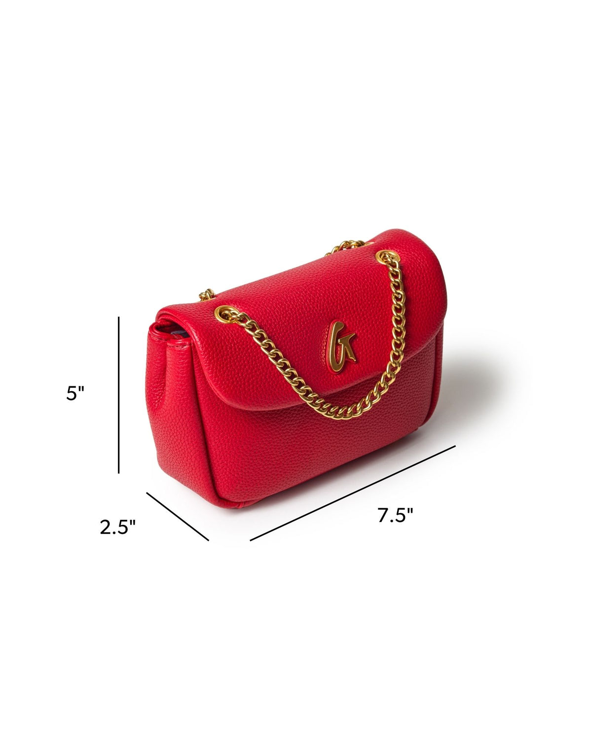 Mini Pebble Flap Bag in red with a gold chain strap, featuring a textured finish and logo detail. Perfect for stylish outings.