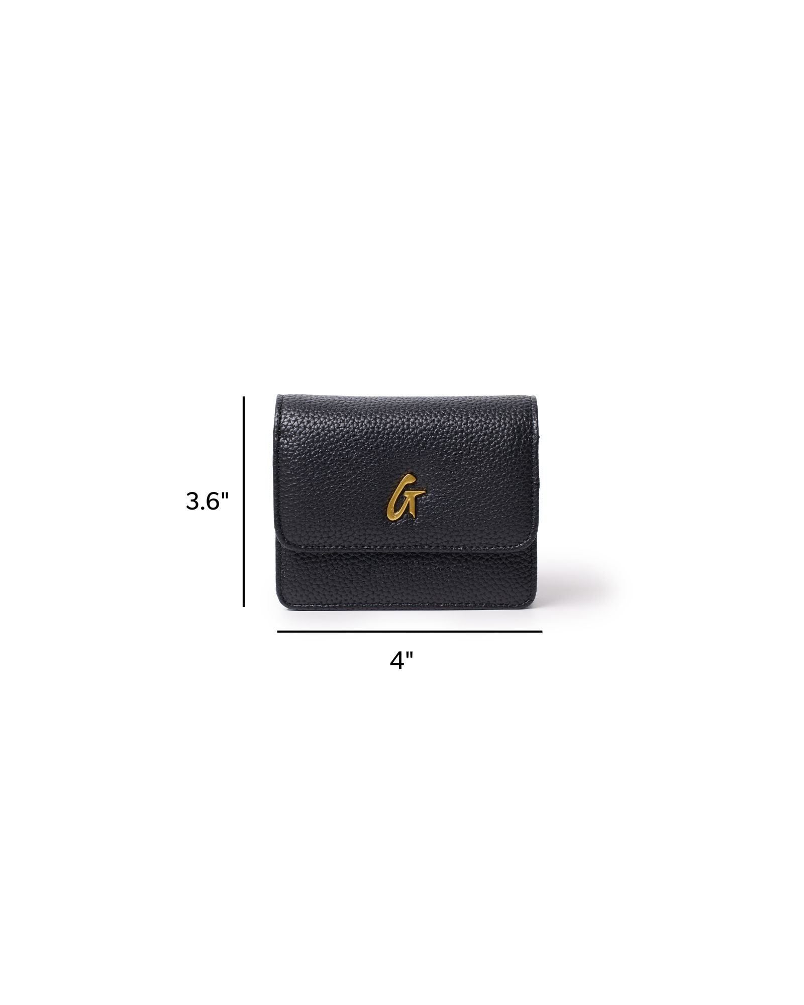Mini Pebble Wallet on Chain in black, featuring a textured finish and gold logo, dimensions 3.6 by 4 inches.