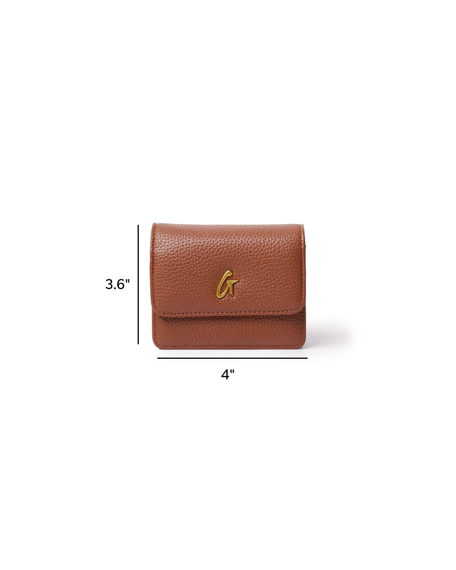 Brown mini pebble wallet on chain, featuring a textured finish and gold logo, measuring 3.6 by 4 inches.