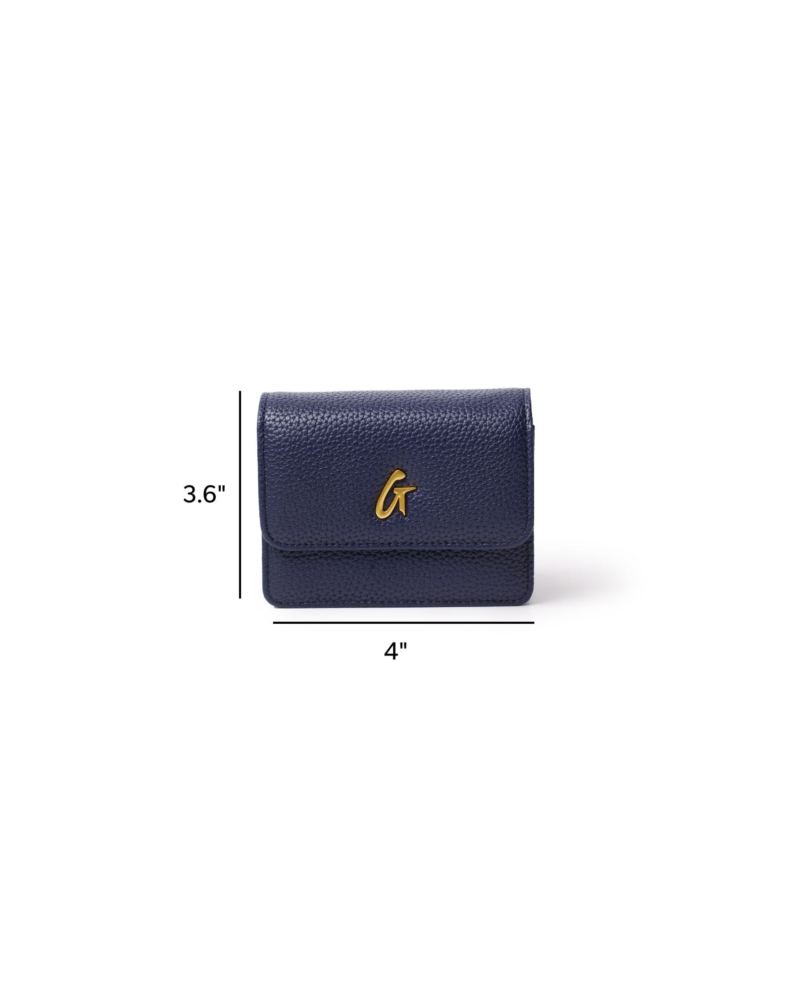 Navy mini pebble wallet on a chain with gold logo, measuring 3.6 inches by 4 inches, ideal for stylish convenience.