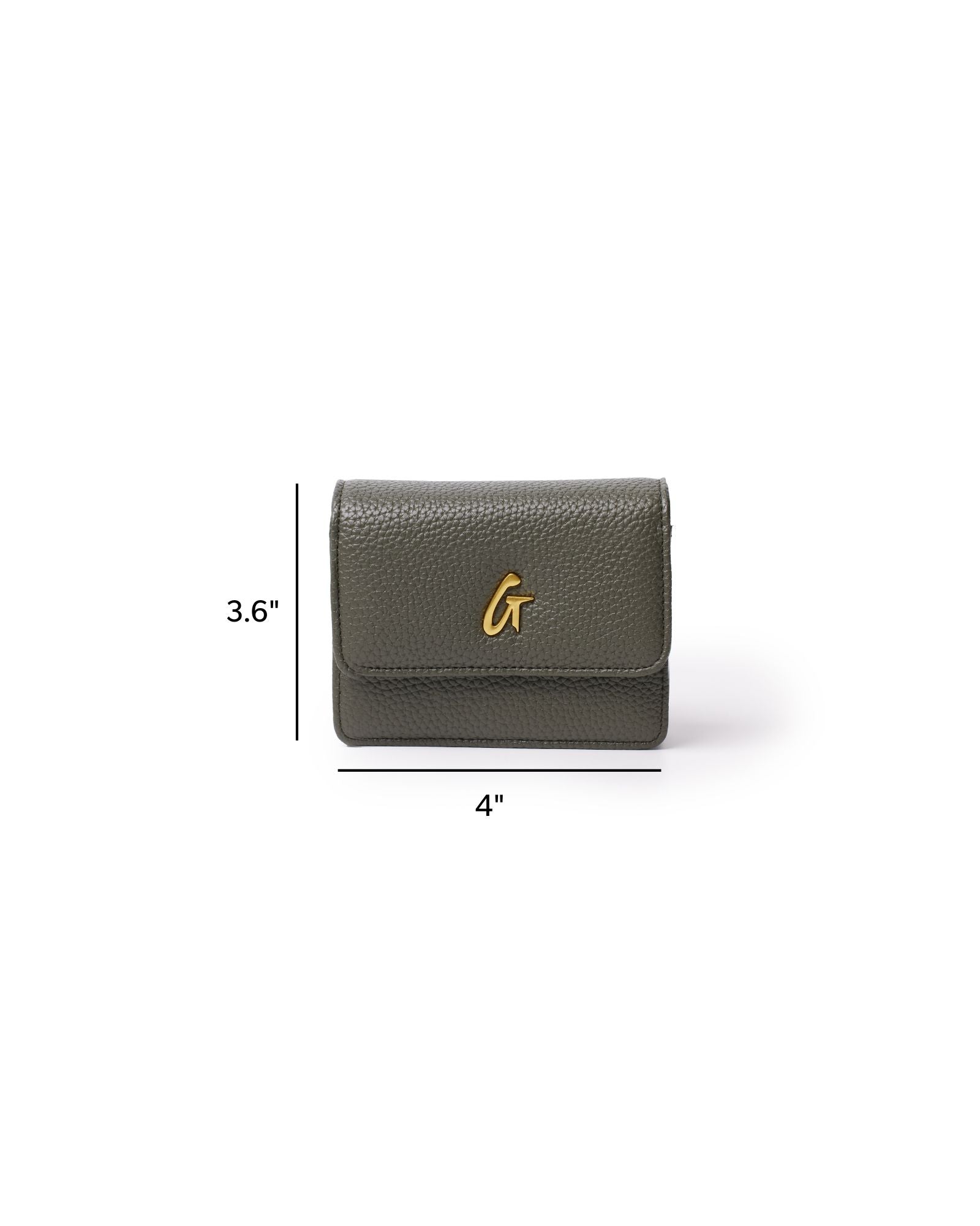 Olive green mini pebble wallet on a white background, featuring a gold logo and compact design for stylish convenience.