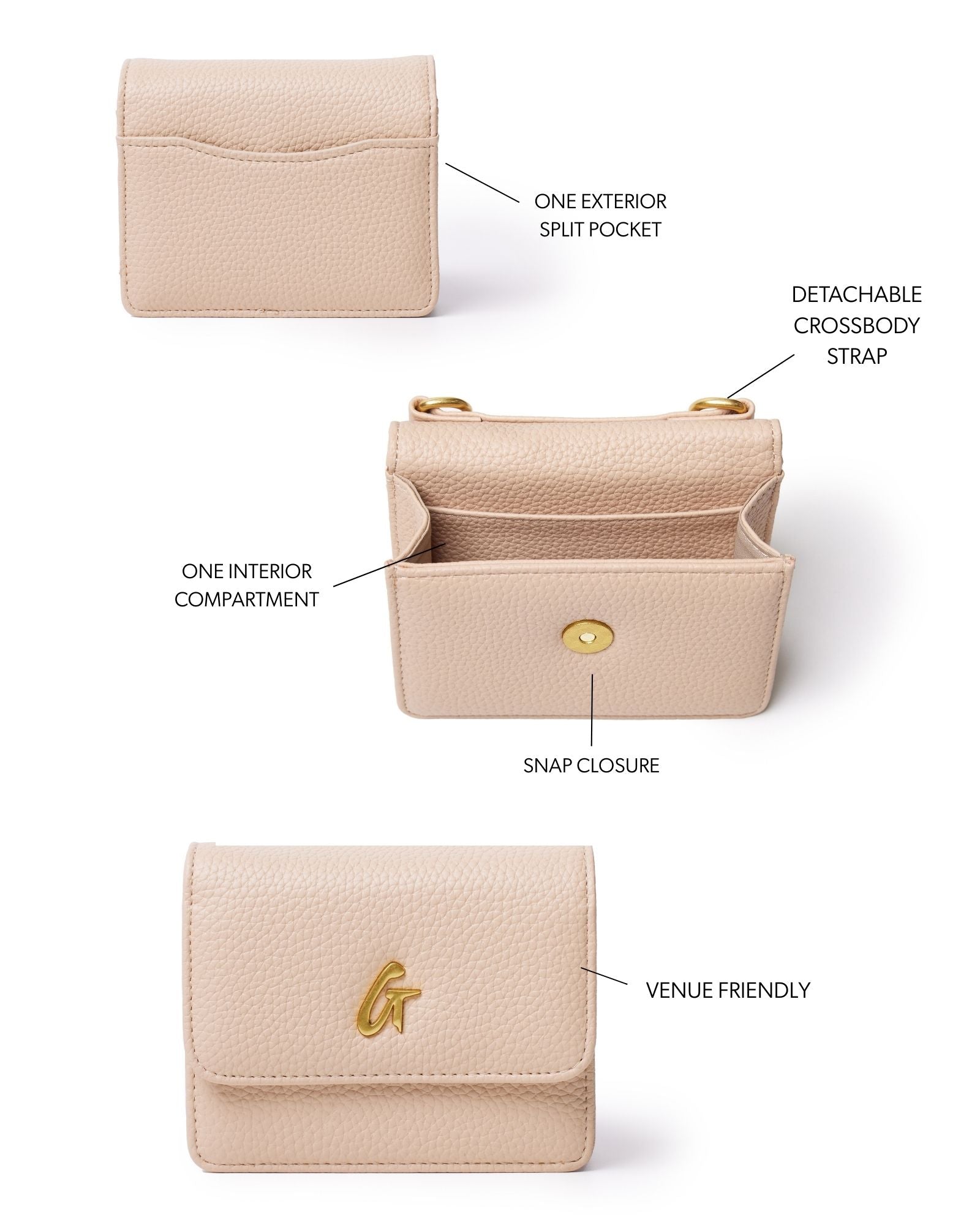 Mini Pebble WOC in nude with one exterior split pocket, interior compartment, snap closure, and detachable crossbody strap.