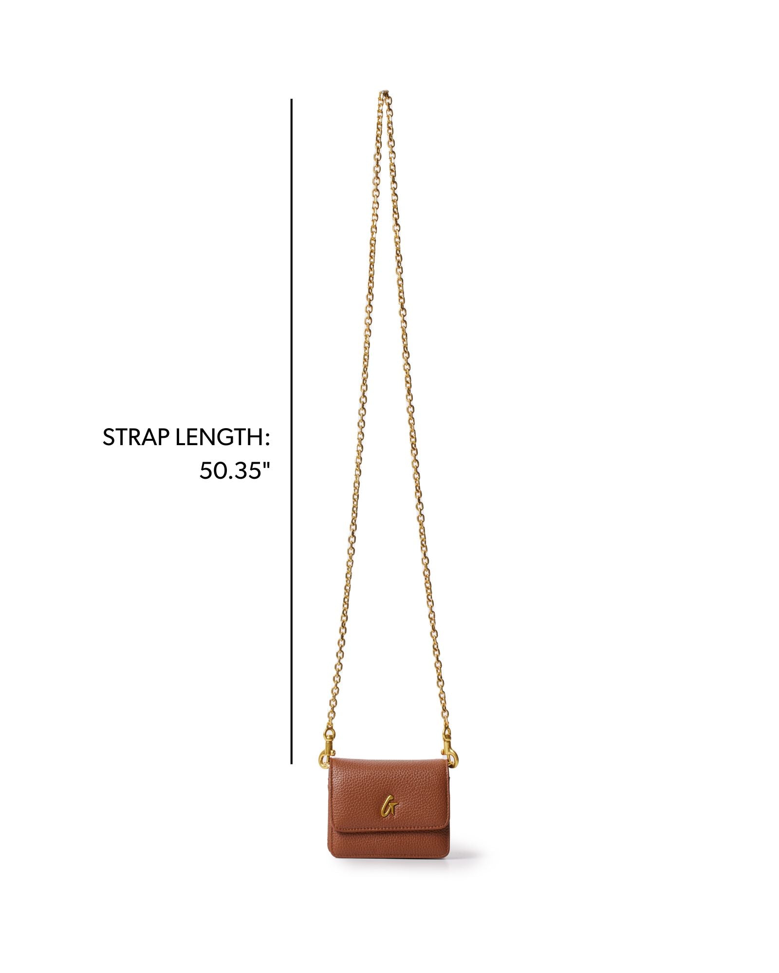 Brown mini pebble wallet on a chain with a gold chain strap, measuring 50.35 inches in length.