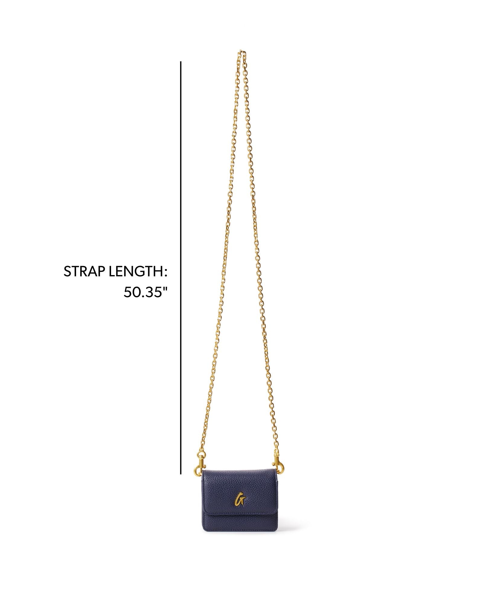 Navy mini pebble wallet on a chain with a gold strap, perfect for stylish, hands-free convenience.