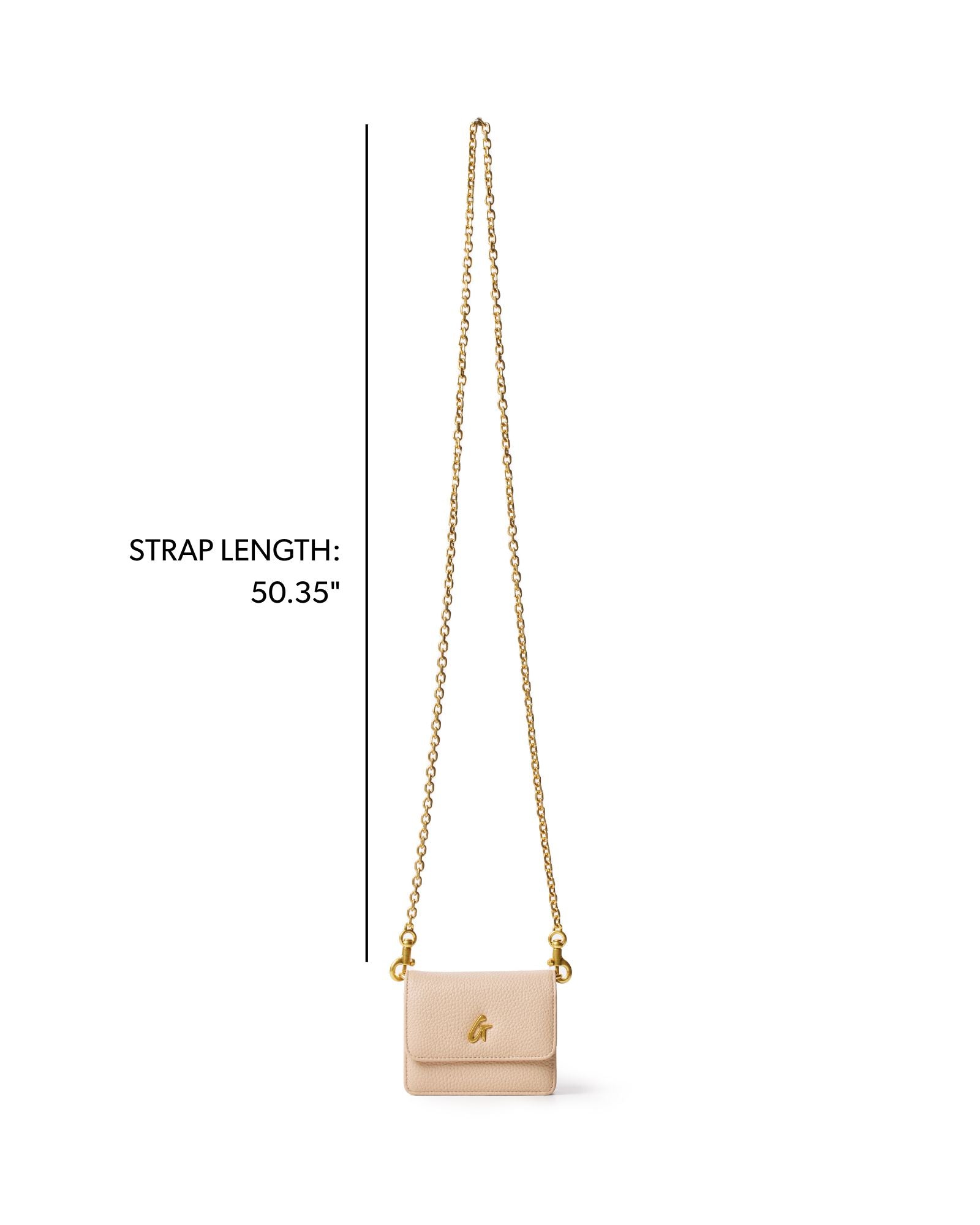 Nude mini pebble wallet on a chain with a gold chain strap, perfect for stylish, affordable luxury.