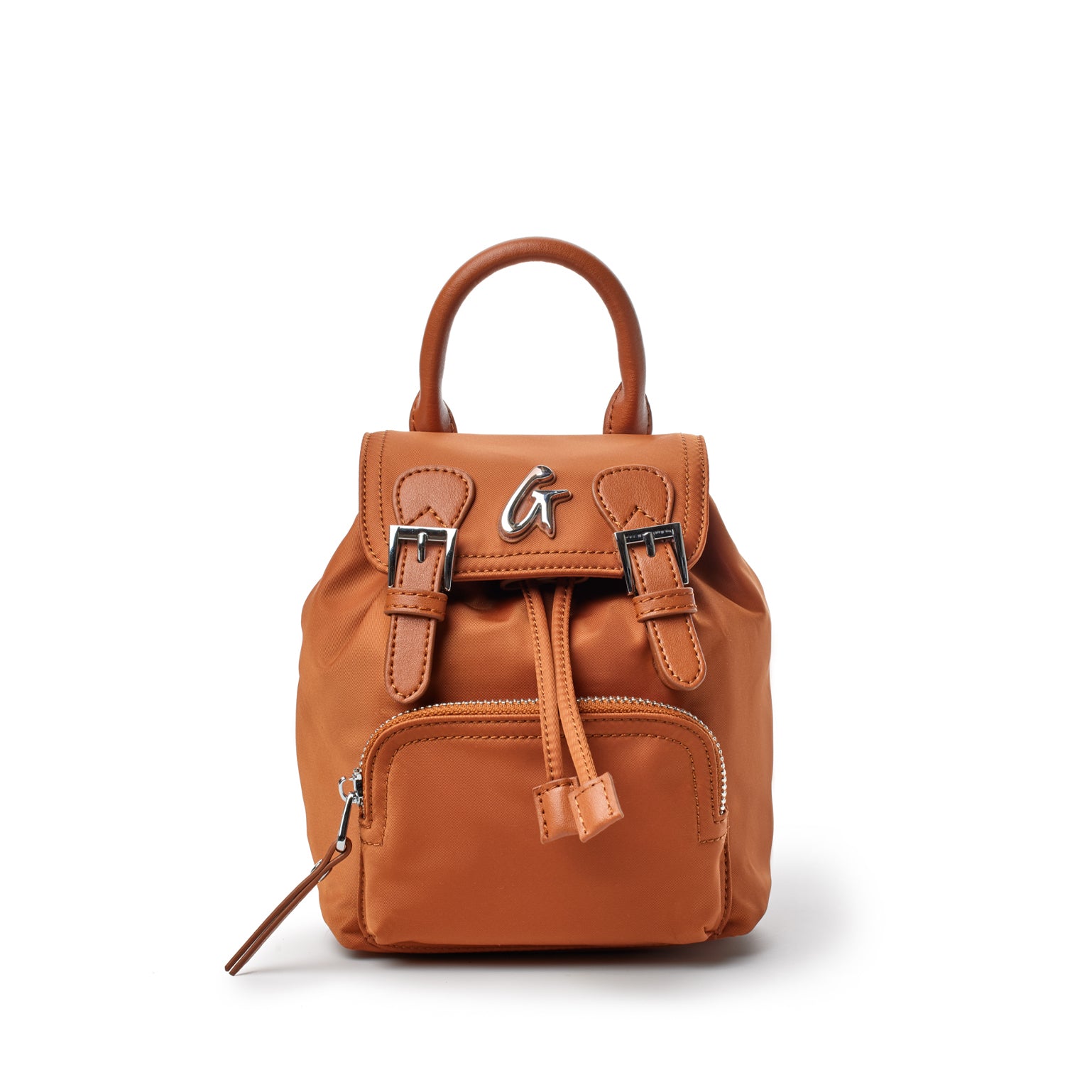 Mini brown nylon backpack with front zipper pocket, top handle, and buckle closures, stylish and compact for everyday use.