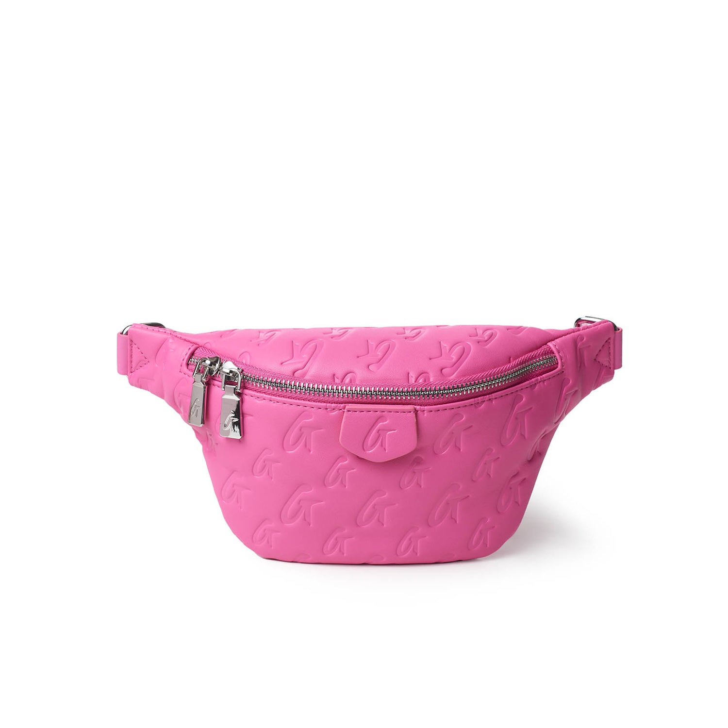 Mini pink monogram fanny pack with embossed logo pattern, silver zipper, and adjustable strap.