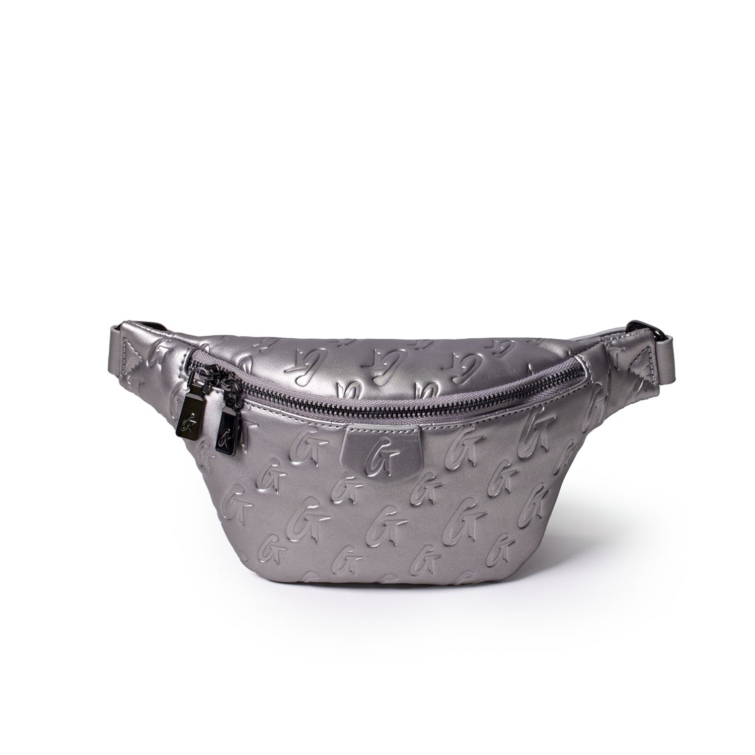 Mini Monogram Fanny Pack in platinum with embossed G logo pattern, zip closure, and adjustable strap.
