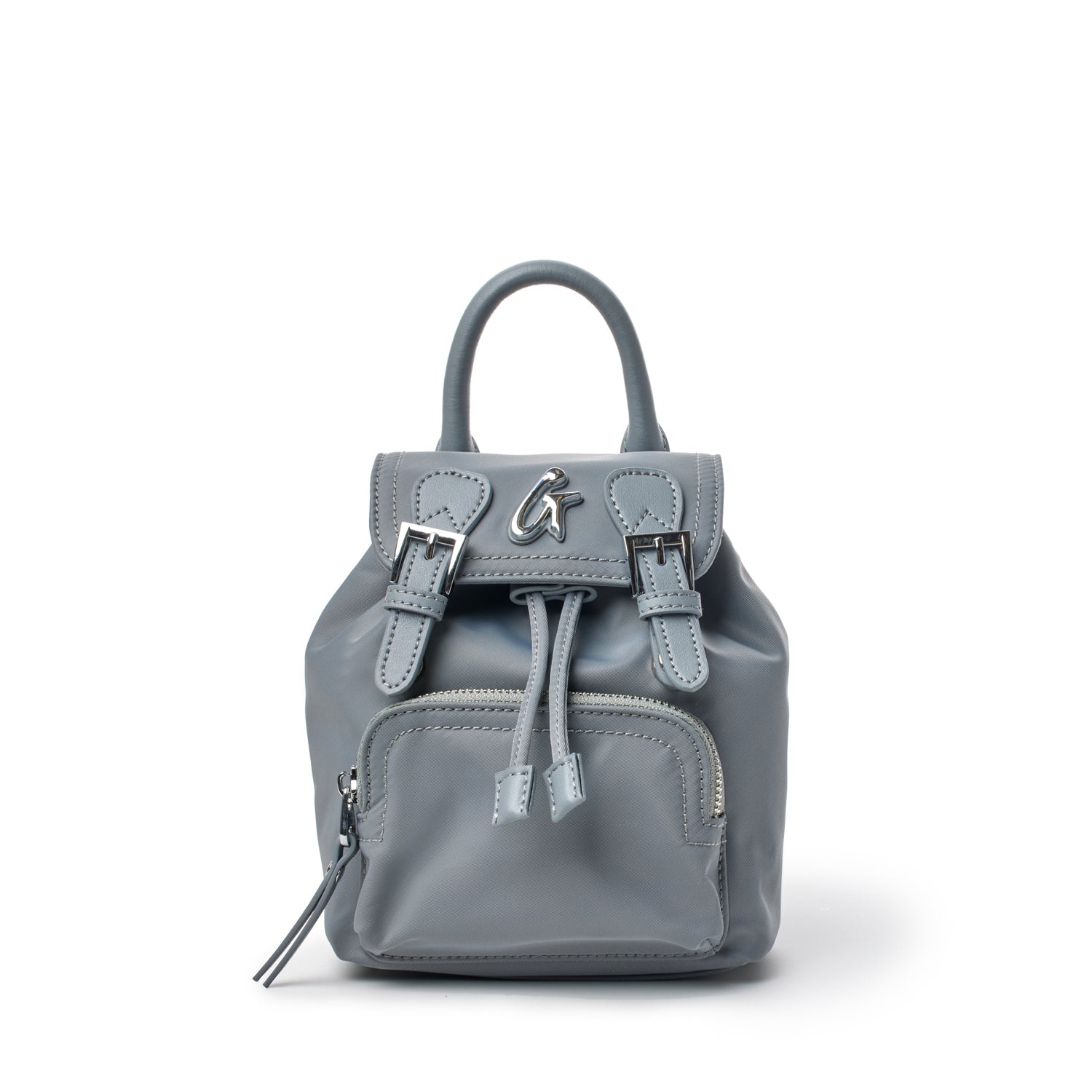 Small gray nylon backpack with front zipper pocket, top handle, adjustable straps, and silver hardware details.