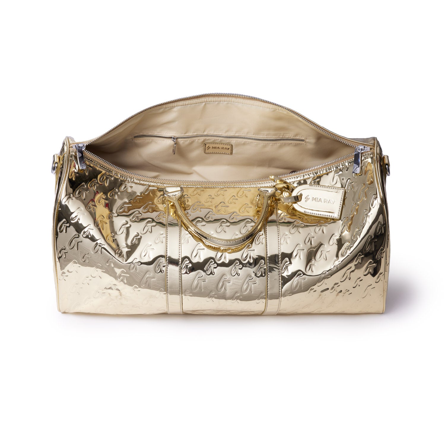 Gold metallic duffle bag with embossed logo pattern, gold hardware, and beige interior with zip pocket.