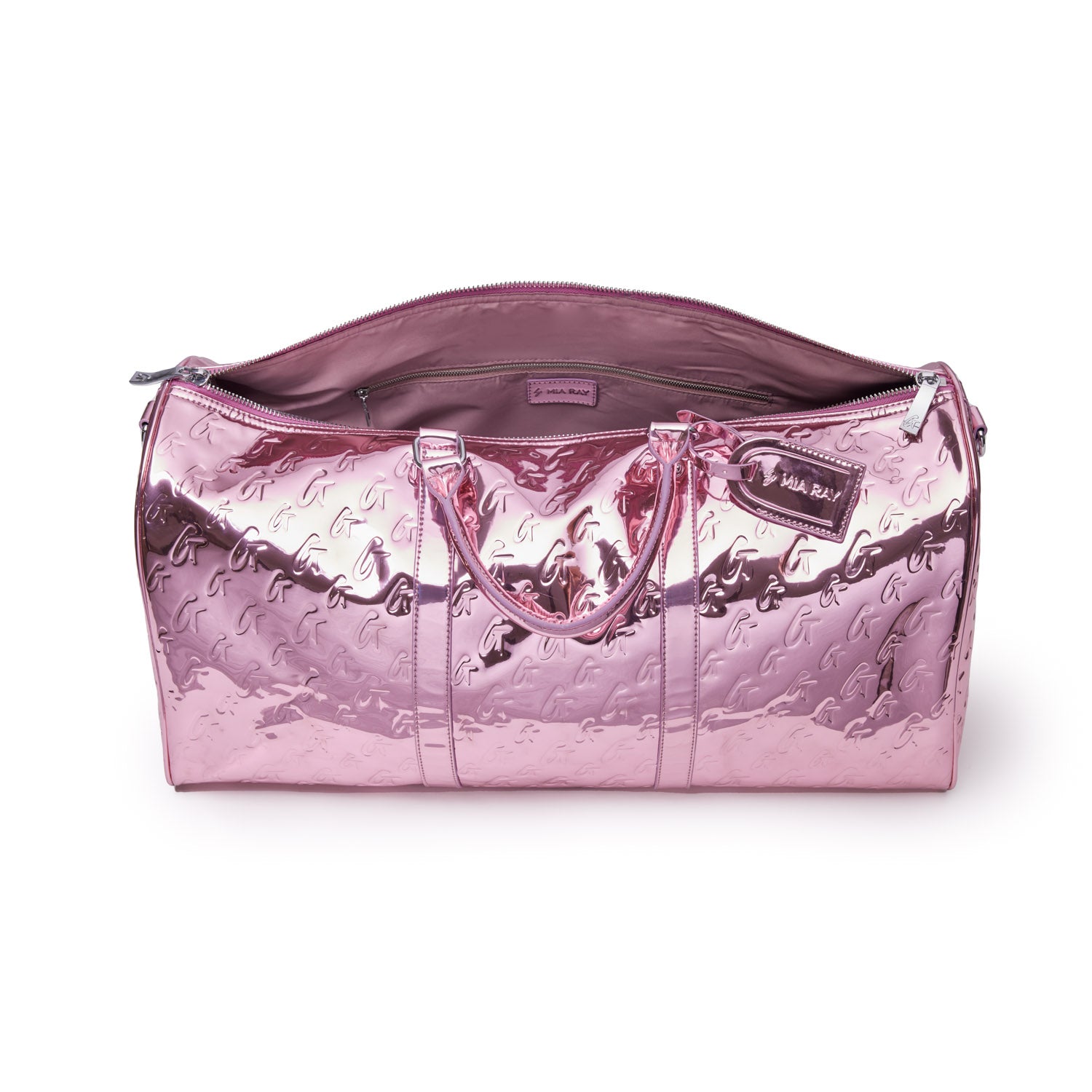 Metallic pink duffle bag with embossed logo pattern, top zipper, interior pocket, and dual handles.