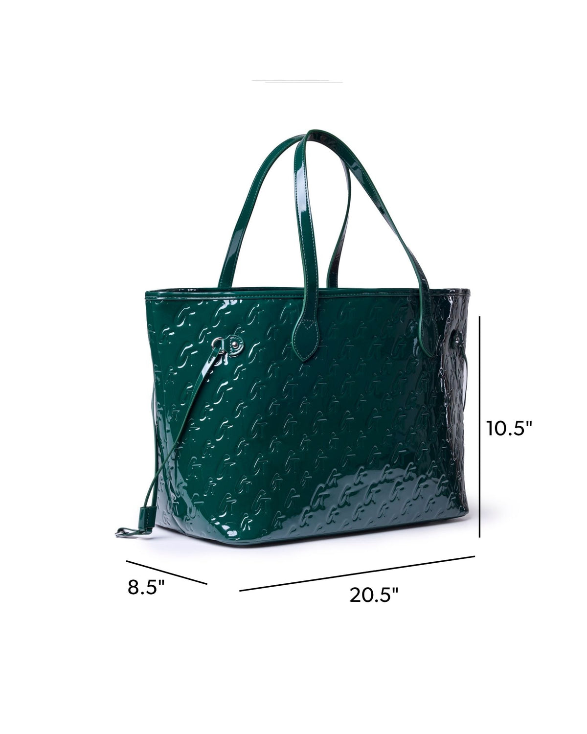 Mirror green monogram glam tote with wristlet, featuring a glossy finish and spacious design for stylish organization.