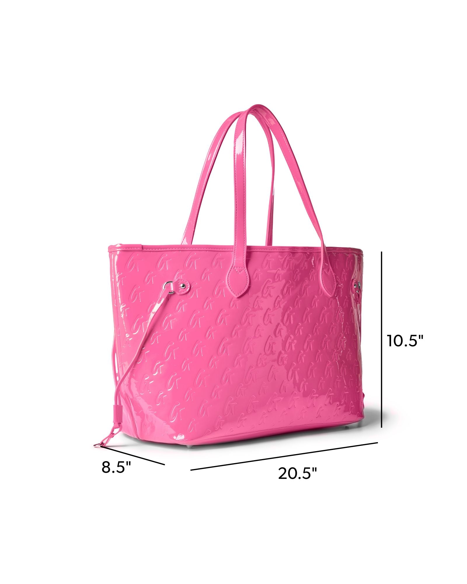 Hot pink monogram tote with wristlet, featuring a glossy finish and spacious design for stylish everyday use.