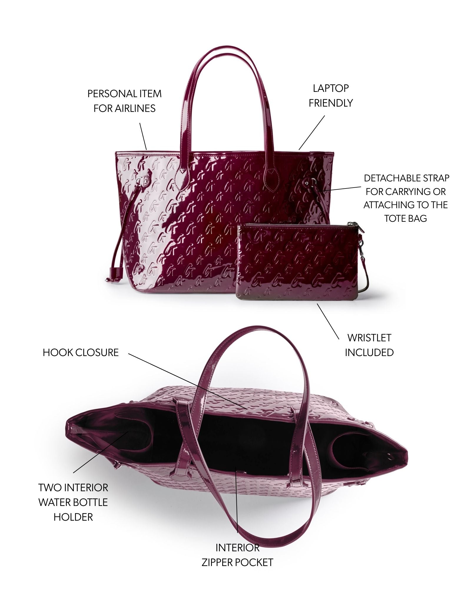 Mirror burgundy monogram glam tote with wristlet, featuring interior pockets, detachable strap, and laptop-friendly design.