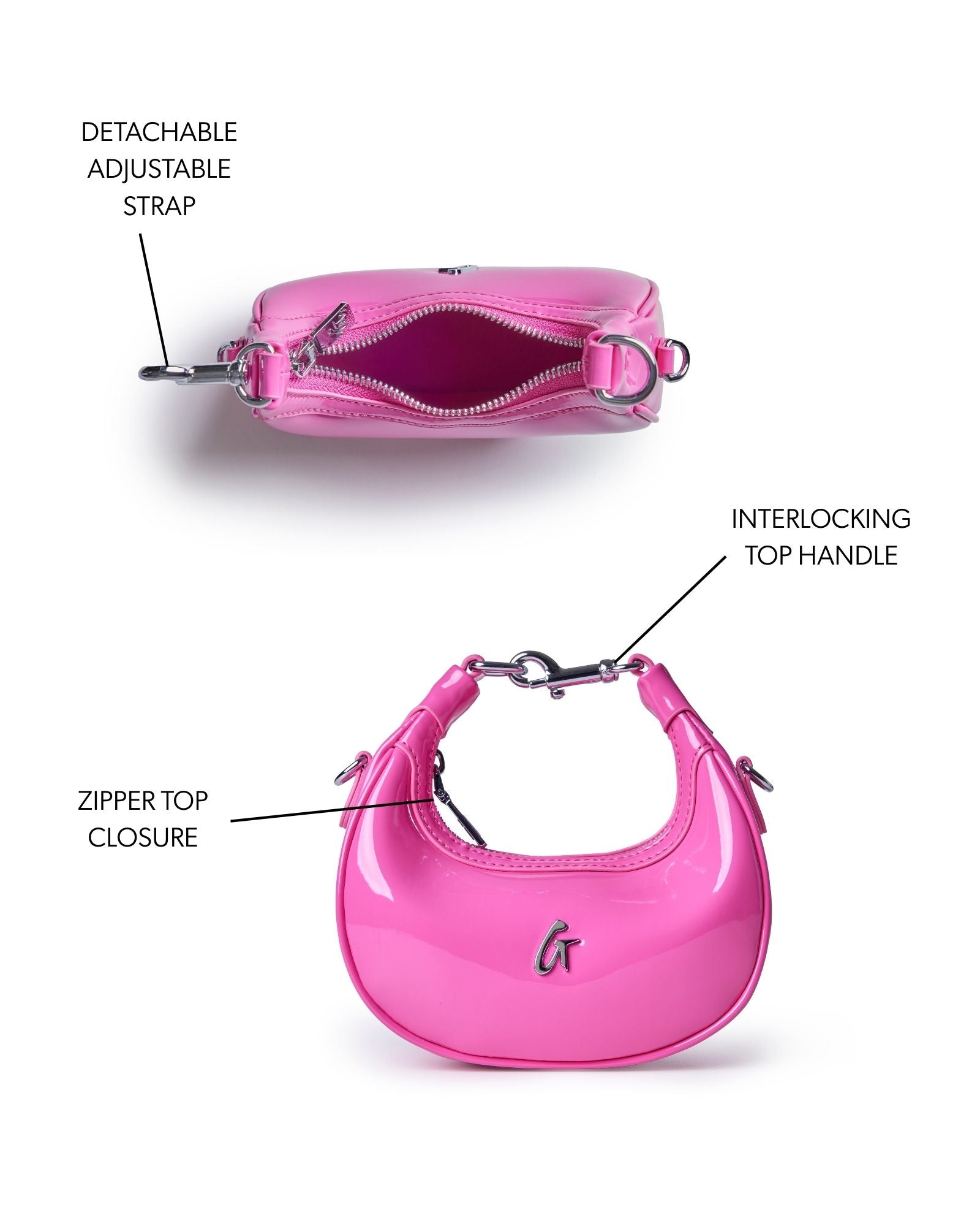 Hot pink hobo bag with a shiny mirror finish, featuring a detachable adjustable strap and zipper top closure.