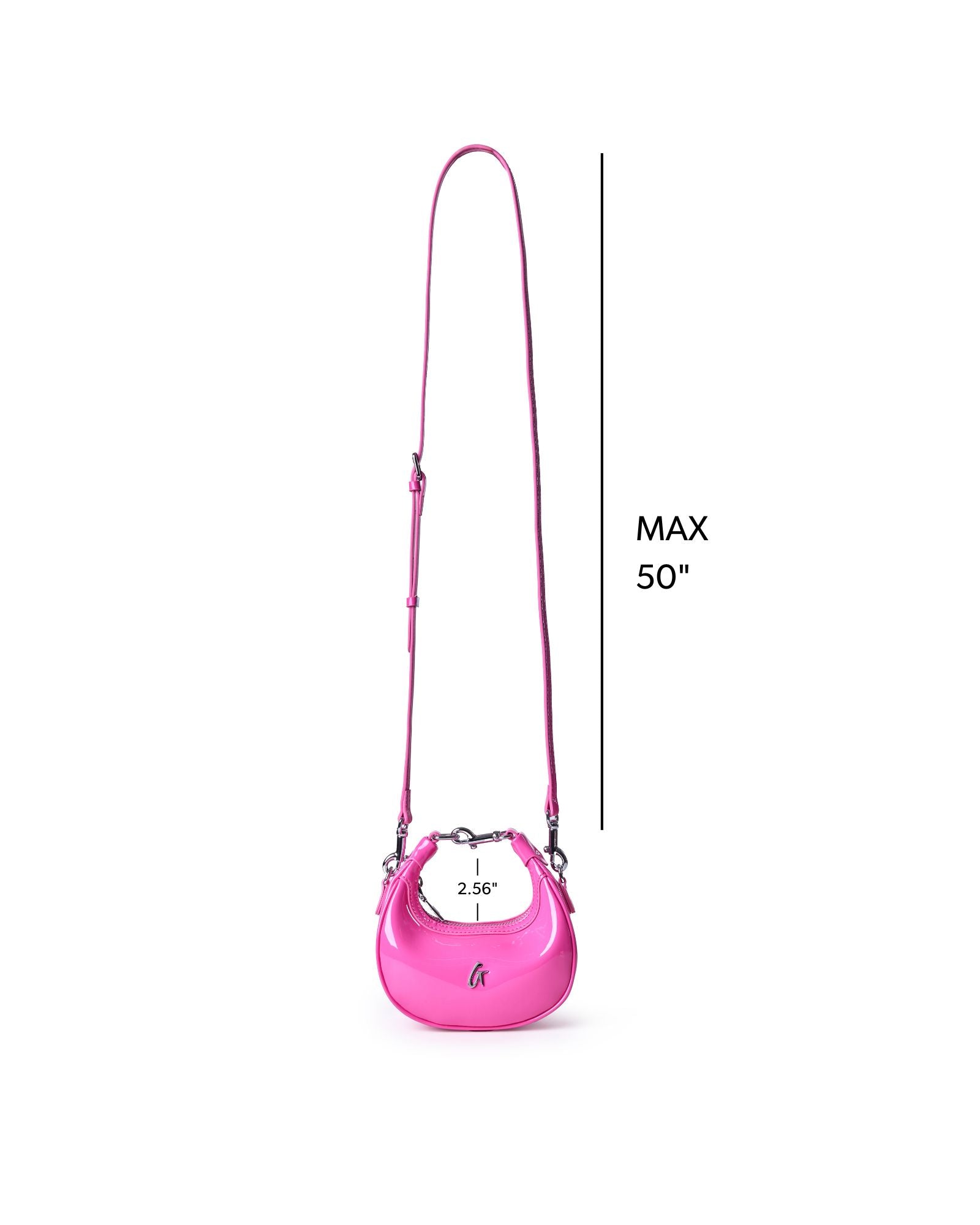 Hot pink hobo bag with a sleek mirror finish, featuring an adjustable strap and a stylish silhouette.