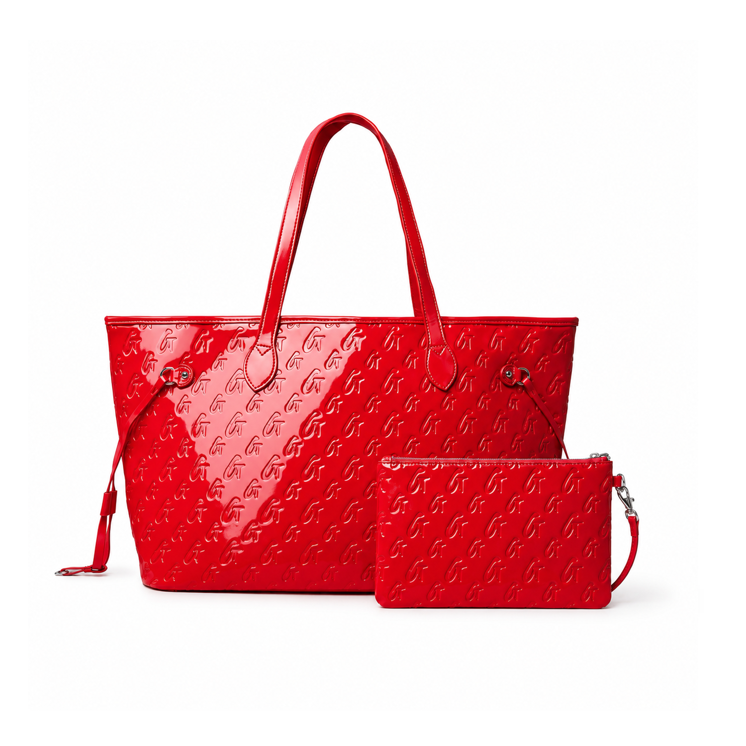Red monogram travel set featuring a spacious tote bag and a matching zippered pouch, perfect for stylish travel.