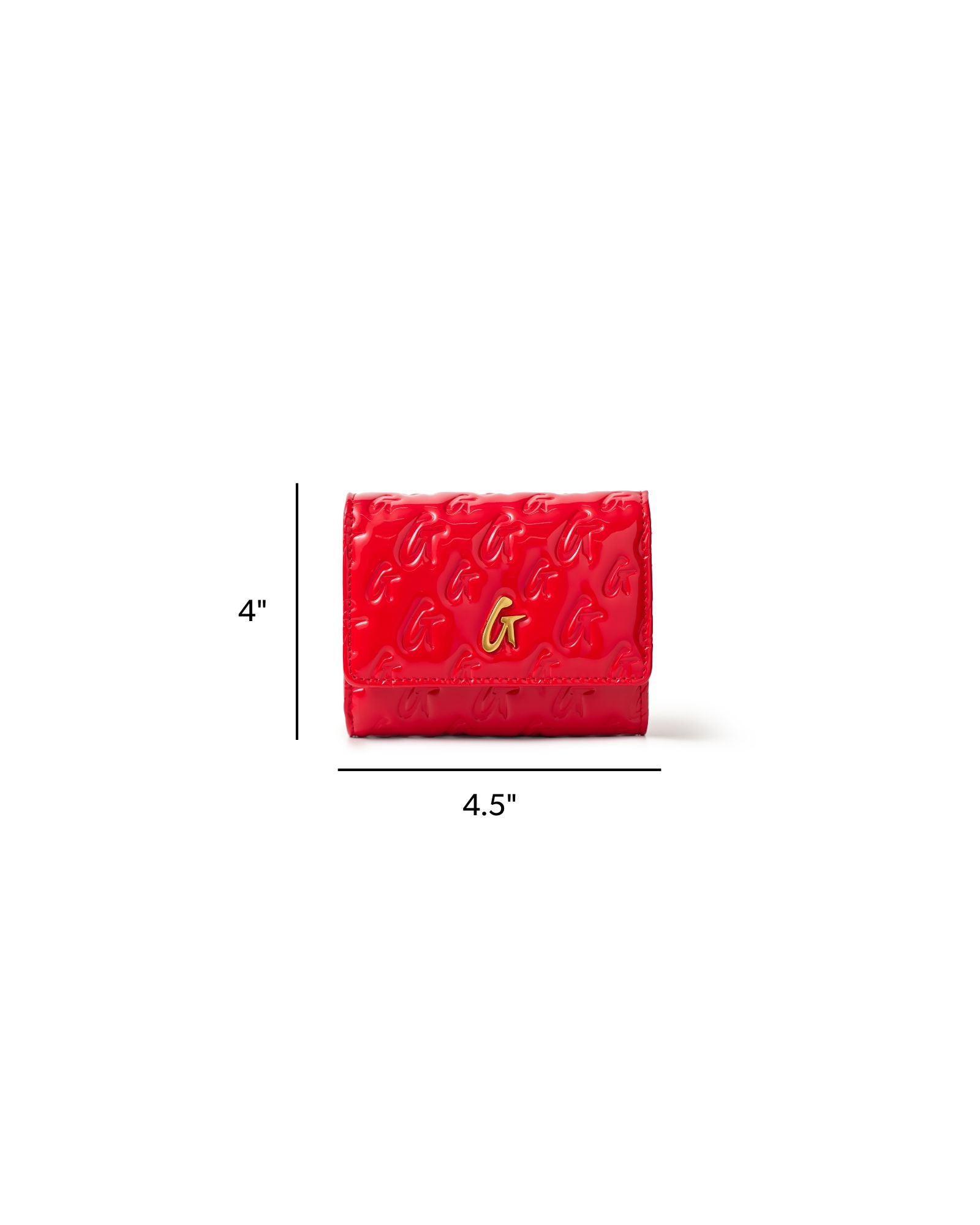 Compact red wallet with embossed monogram design and gold logo, measuring 4 by 4.5 inches. Ideal for stylish organization.