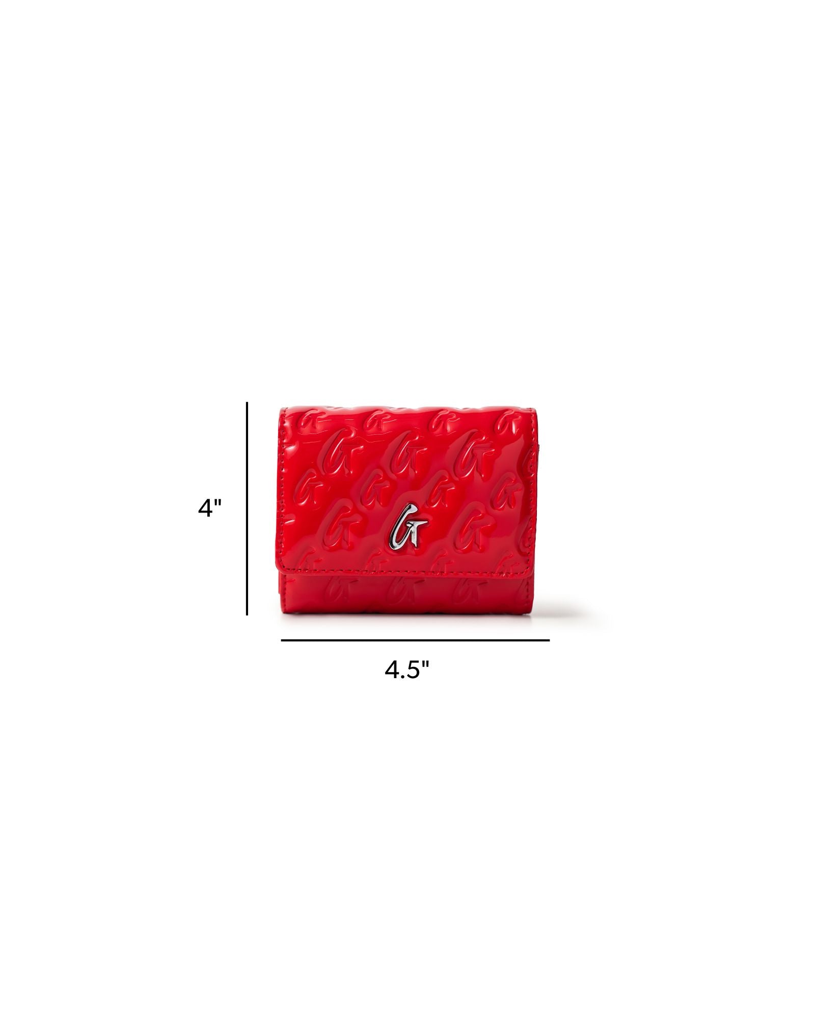 Red monogram compact wallet on chain featuring a glossy finish and silver logo detail, measuring 4 by 4.5 inches.