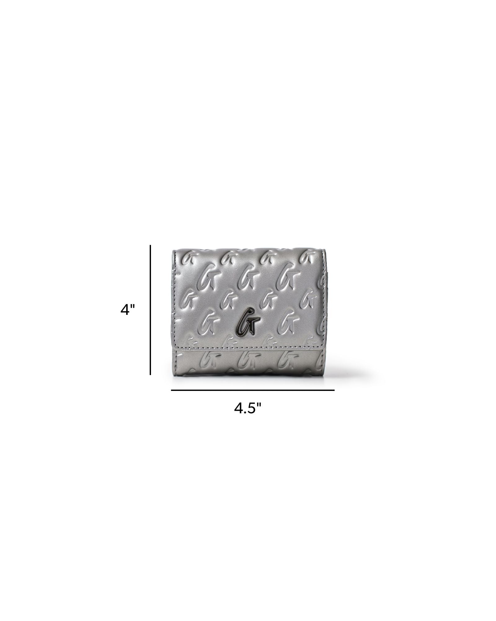 Compact gunmetal wallet on chain featuring a monogram design, measuring 4 by 4.5 inches, perfect for stylish organization.