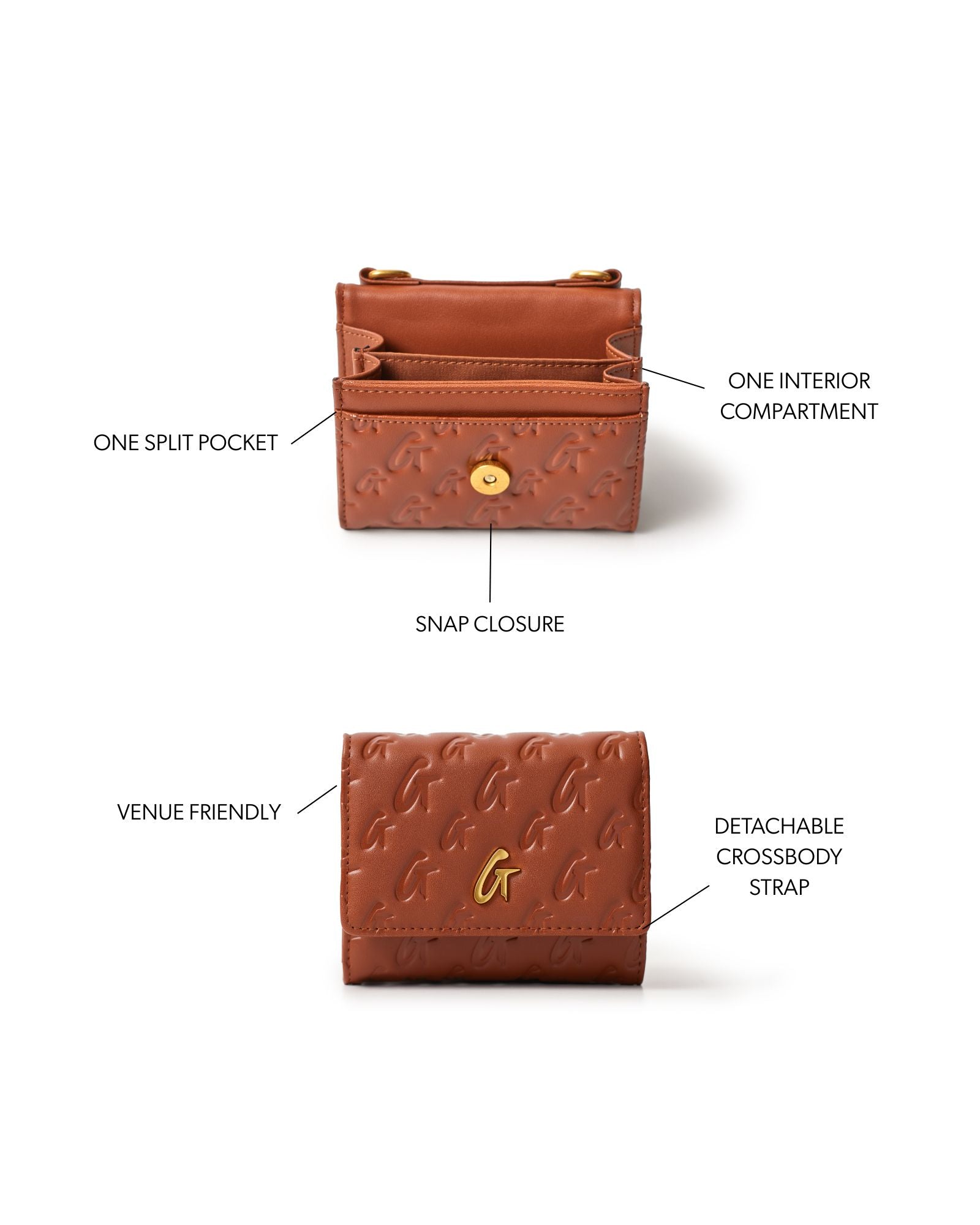 Brown monogram gold compact wallet on chain with snap closure, split pocket, and detachable crossbody strap.